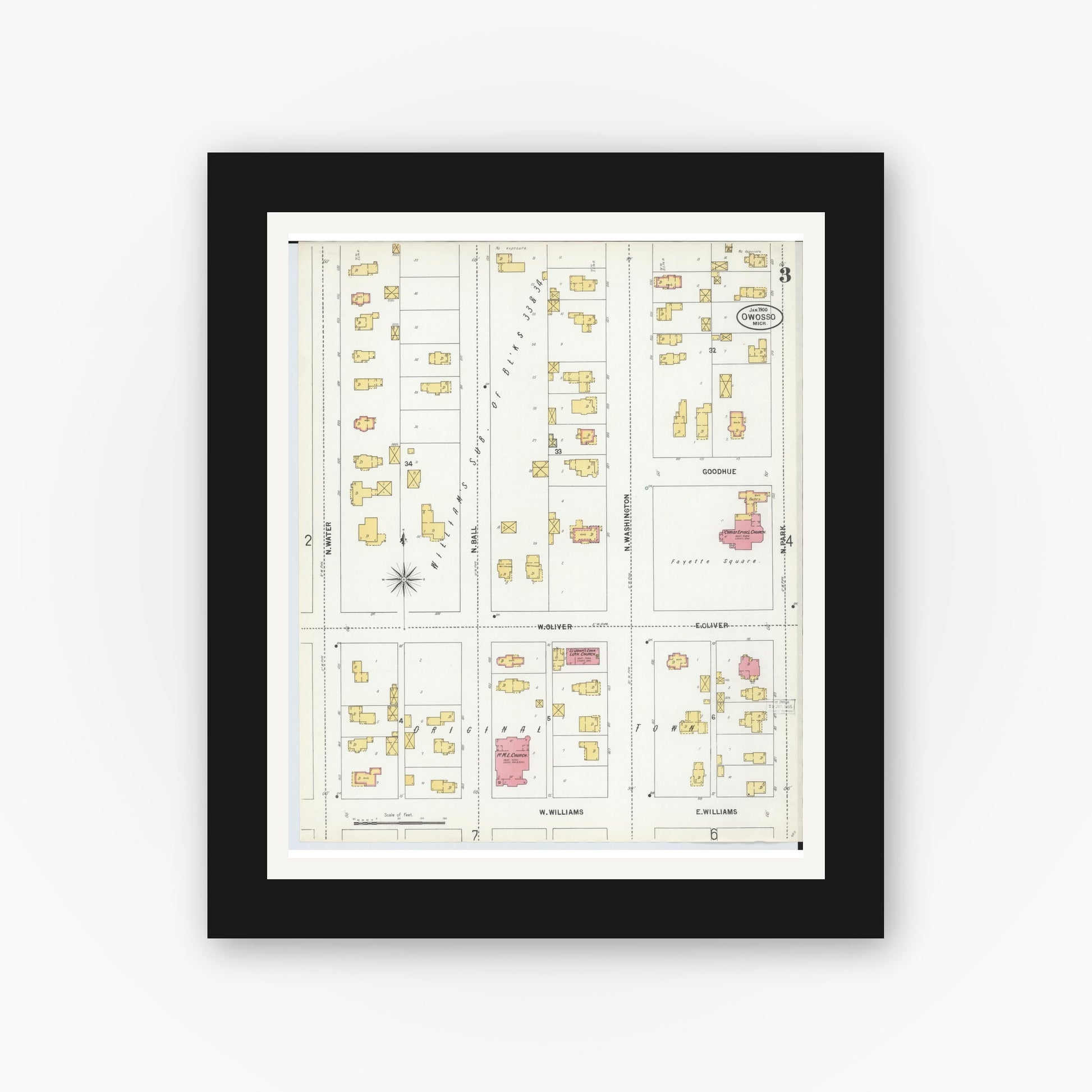 Old map wall art mockup — black gallery frame with white mat — Sanborn Fire Insurance Map from Owosso, Shiawassee County, Michigan (1900), Sheet #0003