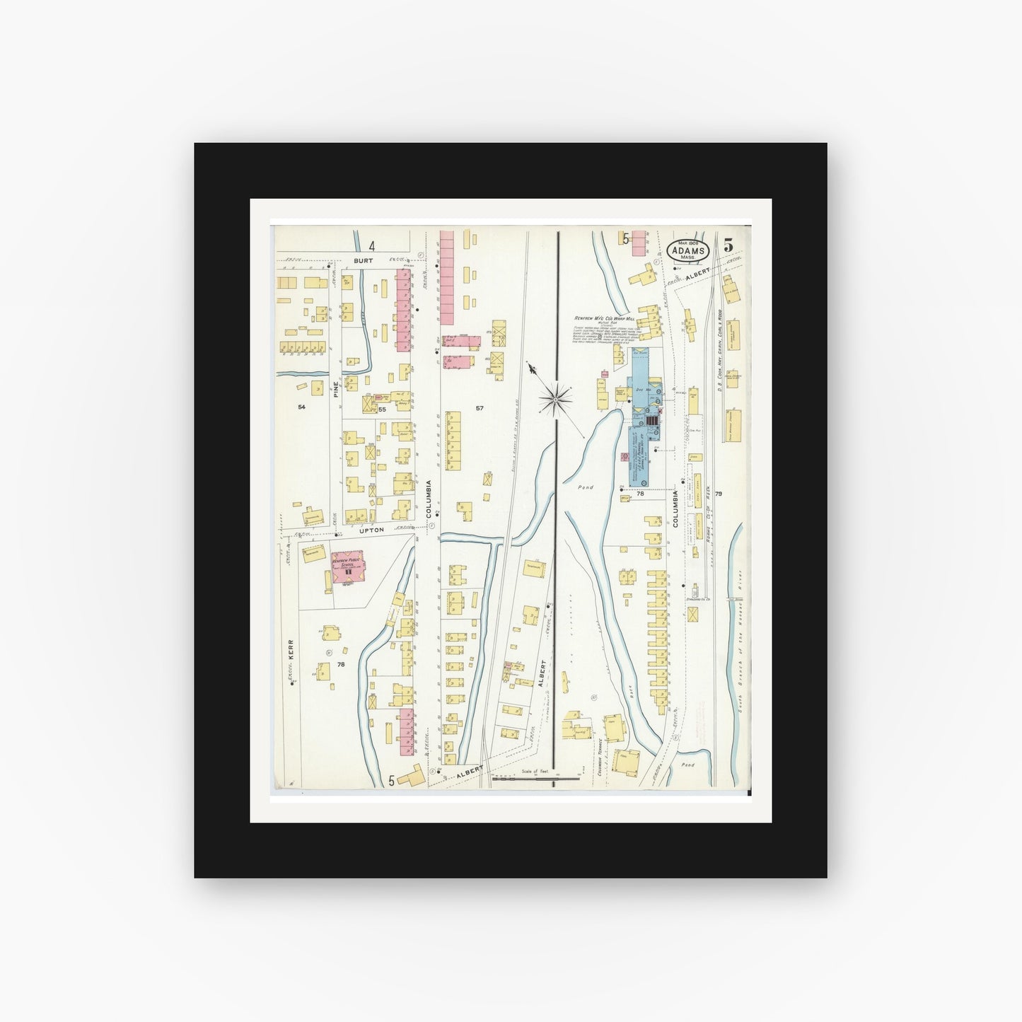 Old map wall art mockup — black gallery frame with white mat — Sanborn Fire Insurance Map from Adams, Berkshire County, Massachusetts (1908), Sheet #0005