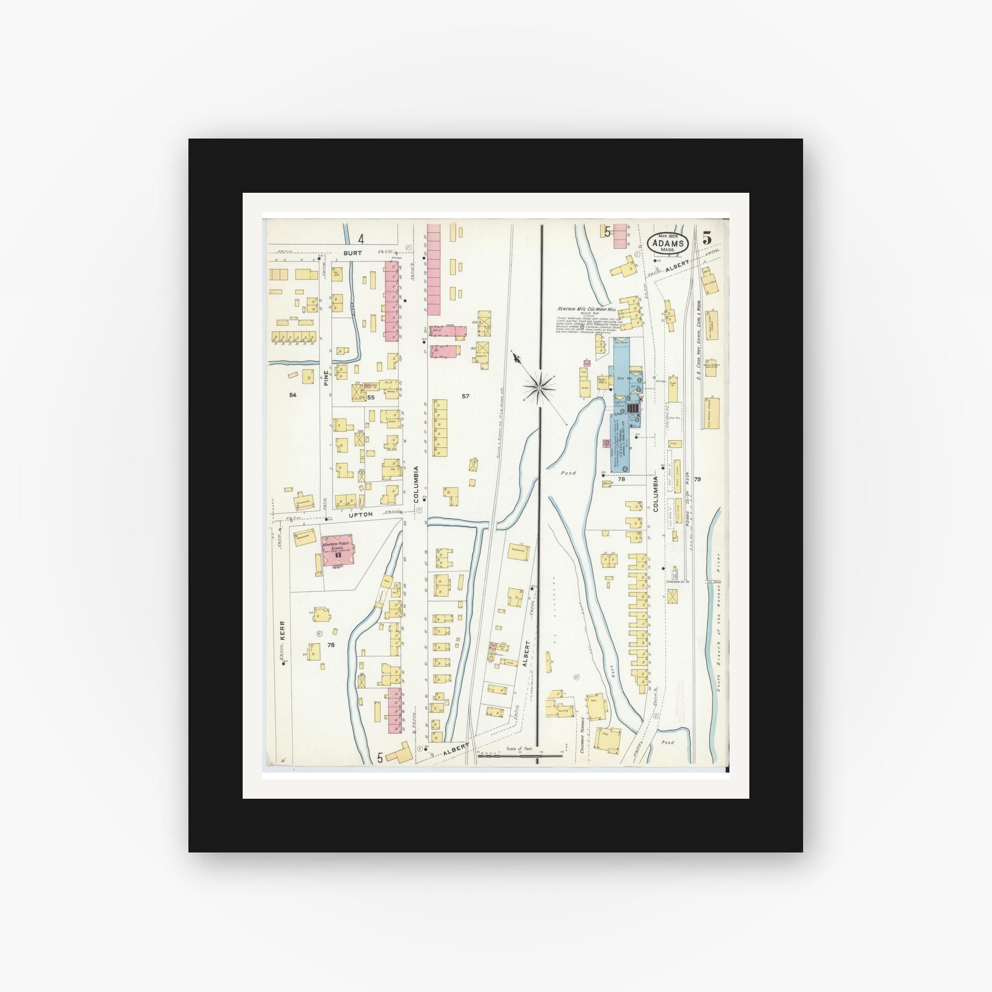 Old map wall art mockup — black gallery frame with white mat — Sanborn Fire Insurance Map from Adams, Berkshire County, Massachusetts (1908), Sheet #0005