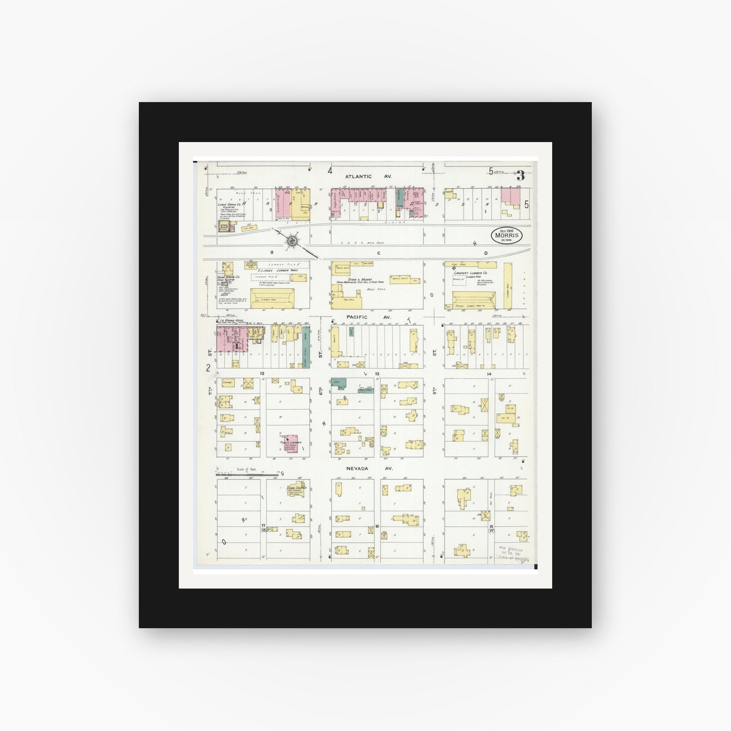 Old map wall art mockup — black gallery frame with white mat — Sanborn Fire Insurance Map from Morris, Stevens County, Minnesota (1909), Sheet #0003