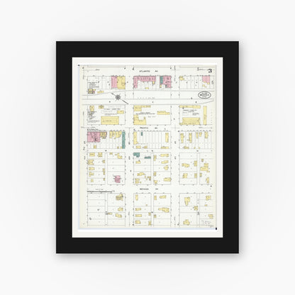 Old map wall art mockup — black gallery frame with white mat — Sanborn Fire Insurance Map from Morris, Stevens County, Minnesota (1909), Sheet #0003
