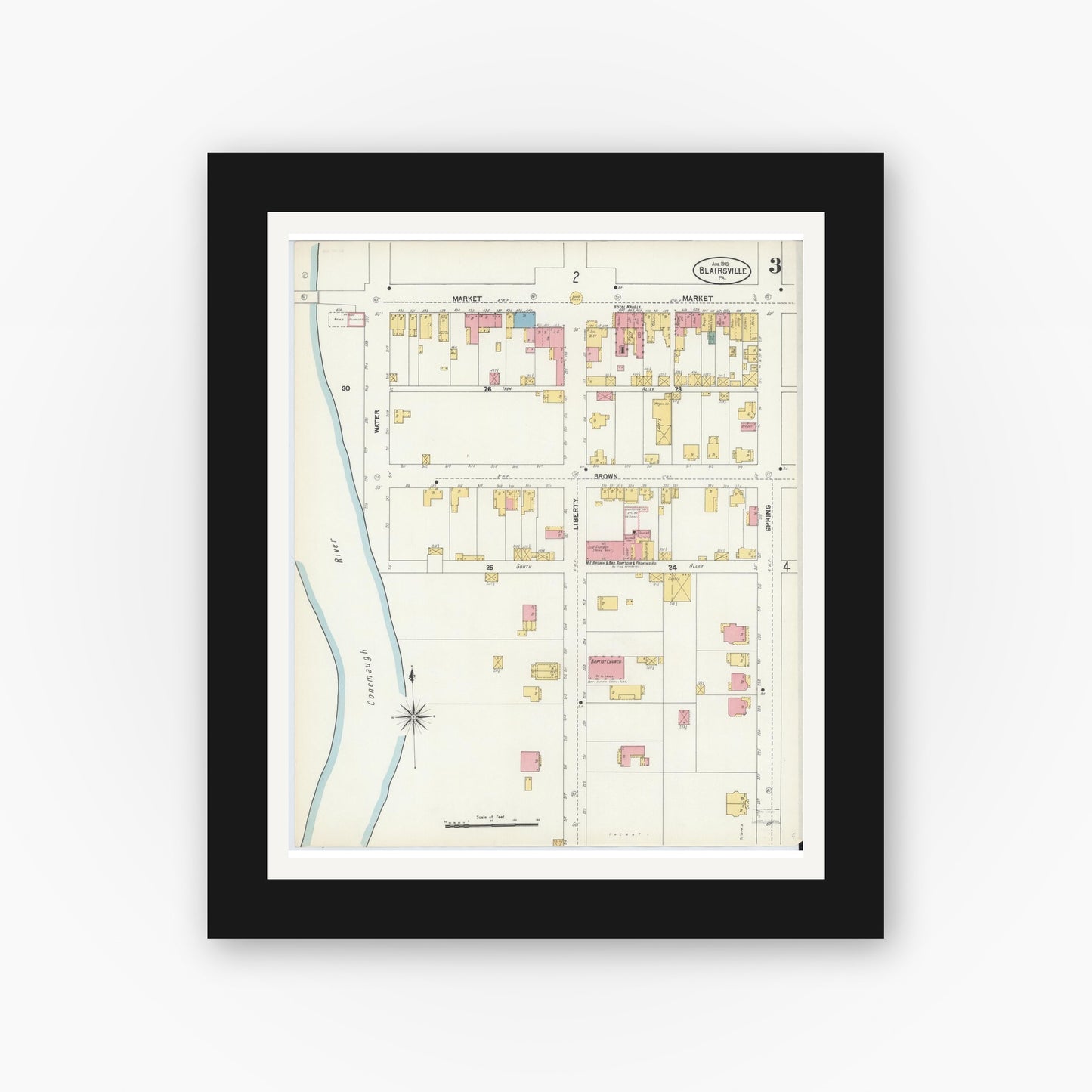 Old map wall art mockup — black gallery frame with white mat — Sanborn Fire Insurance Map from Blairsville, Indiana County, Pennsylvania (1903), Sheet #0003