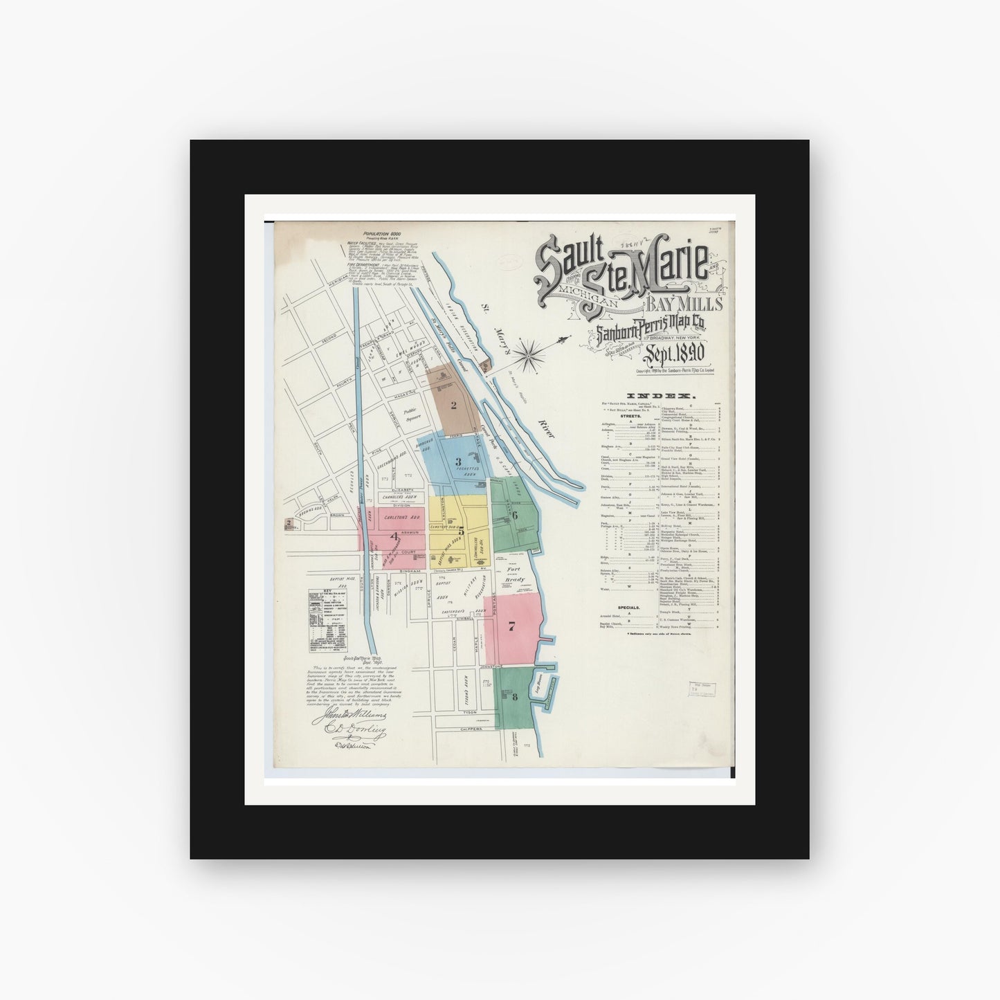 Old map wall art mockup — black gallery frame with white mat — Sanborn Fire Insurance Map from Sault Sainte Marie, Chippewa County, Michigan (1890) - Complete Map Set