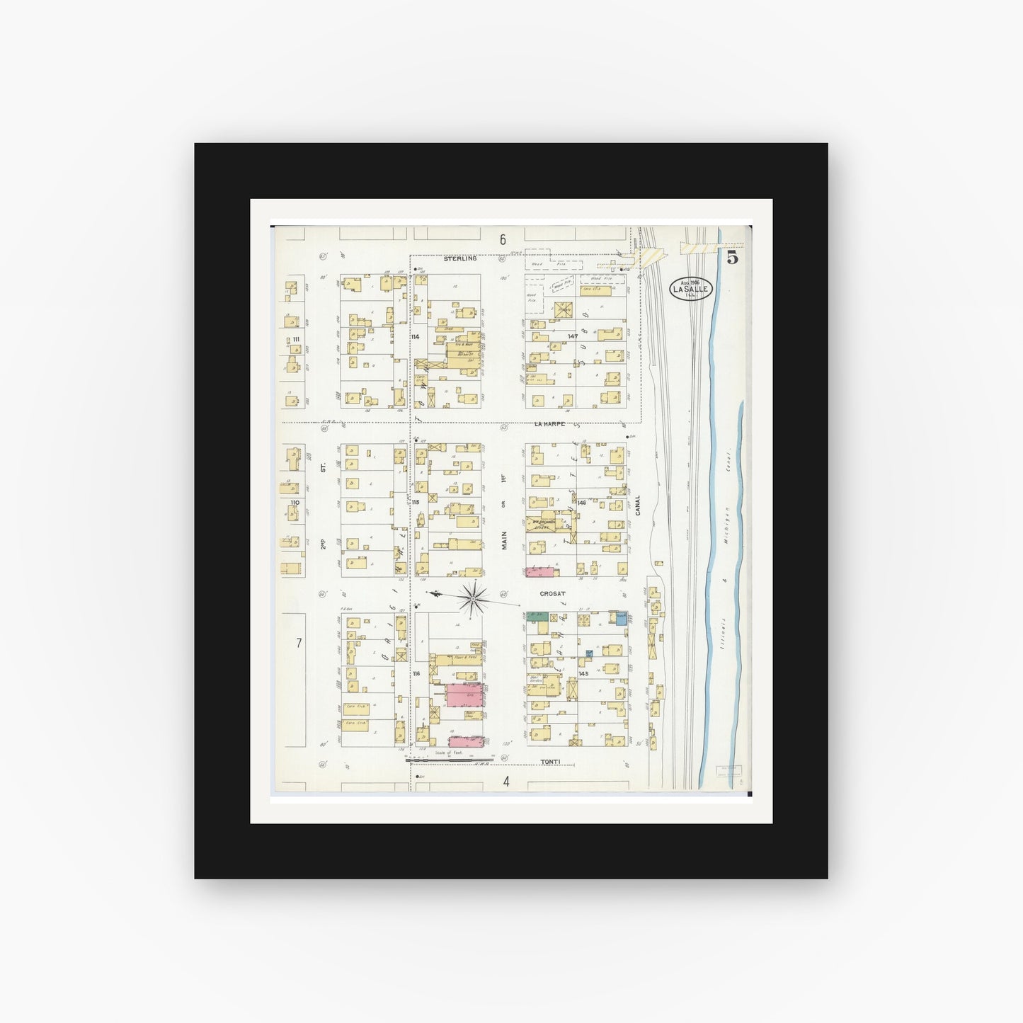 Old map wall art mockup — black gallery frame with white mat — Sanborn Fire Insurance Map from La Salle, La Salle County, Illinois (1906), Sheet #0005