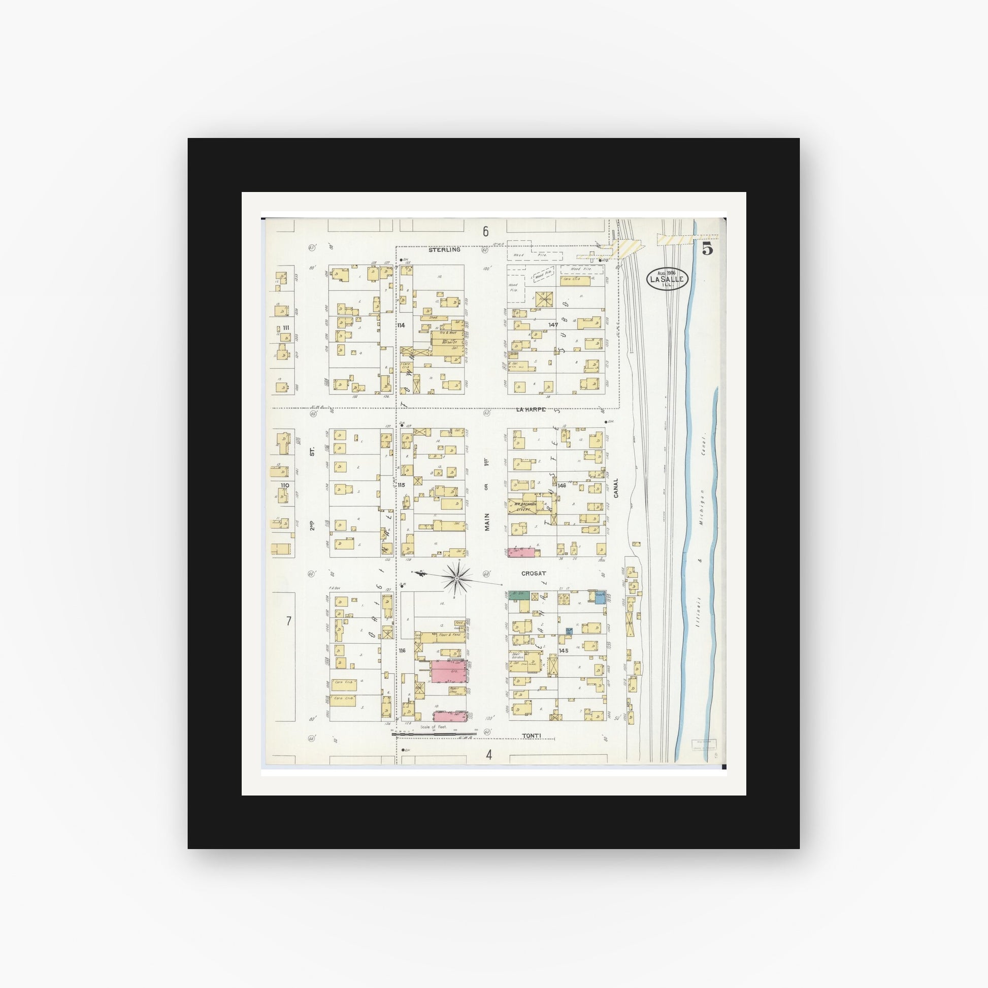 Old map wall art mockup — black gallery frame with white mat — Sanborn Fire Insurance Map from La Salle, La Salle County, Illinois (1906), Sheet #0005