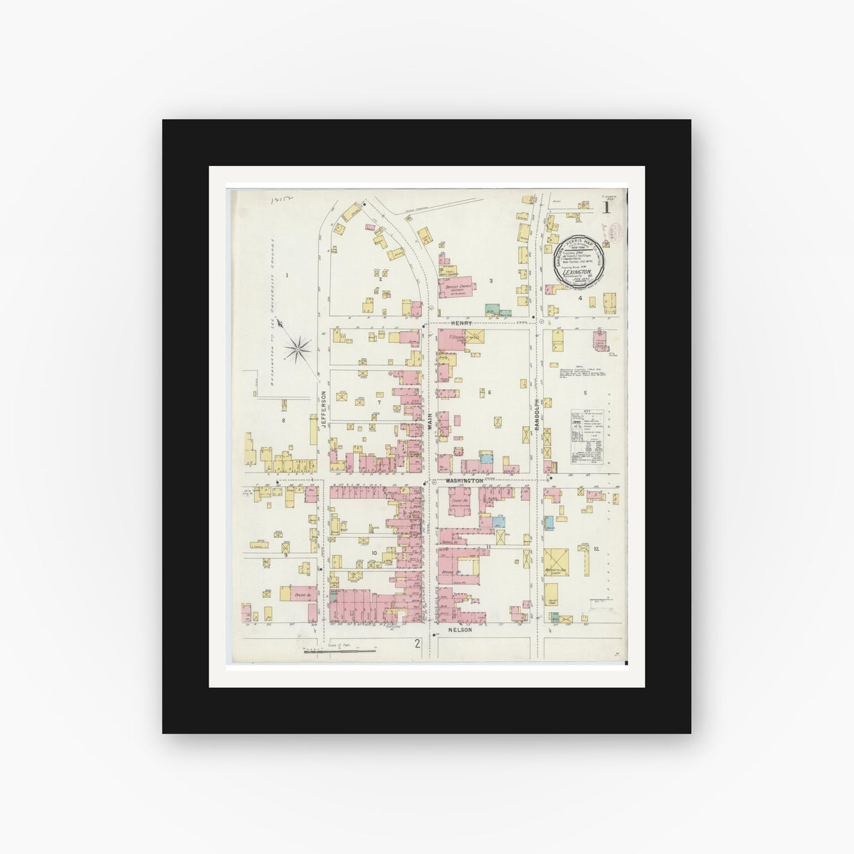 Old map wall art mockup — black gallery frame with white mat — Sanborn Fire Insurance Map from Lexington, Independent Cities, Virginia (1897), Sheet #0001