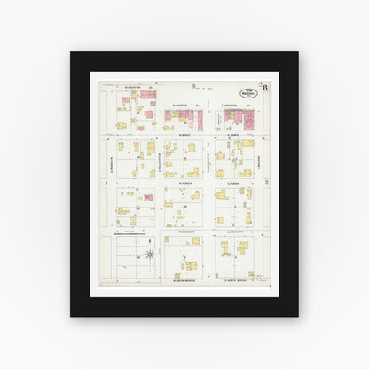Old map wall art mockup — black gallery frame with white mat — Sanborn Fire Insurance Map from Marshall, Harrison County, Texas (1899), Sheet #0008