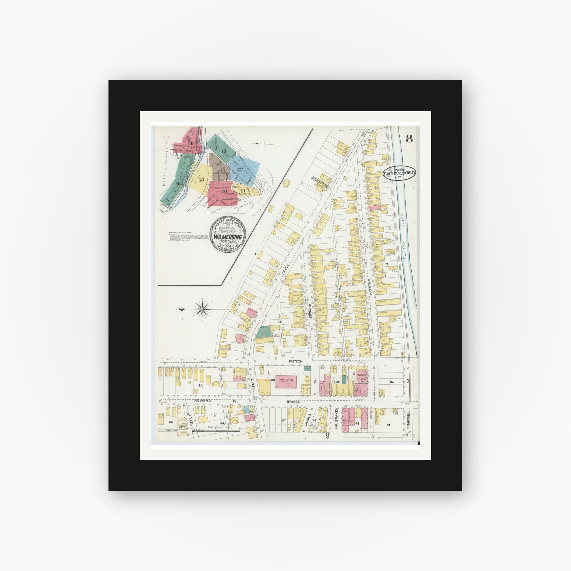 Old map wall art mockup — black gallery frame with white mat — Sanborn Fire Insurance Map from Turtle Creek Valley, Allegheny County, Pennsylvania (1906), Sheet #0008