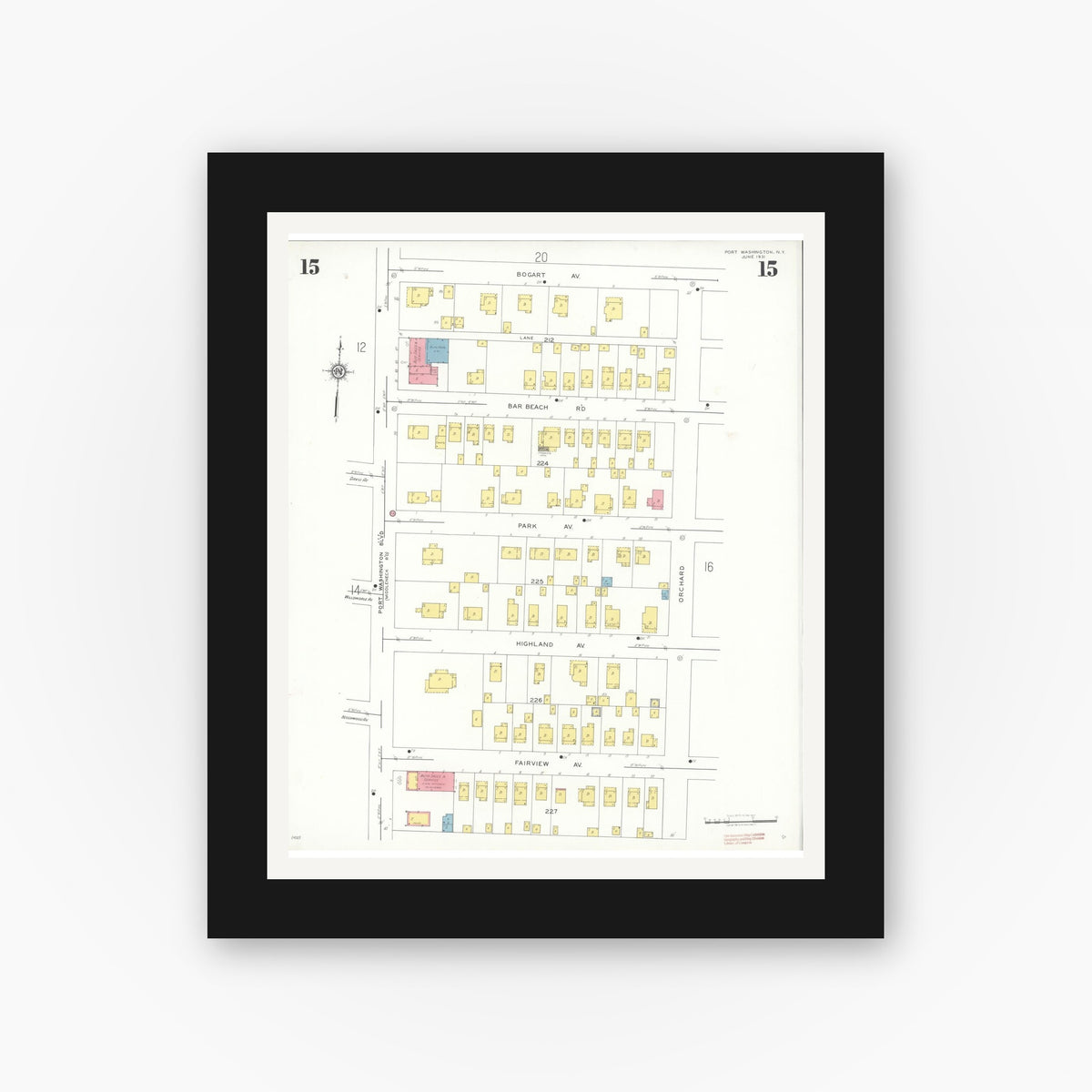 Old map wall art mockup — black gallery frame with white mat — Sanborn Fire Insurance Map from Port Washington, Nassau County, New York (1931), Sheet #0015