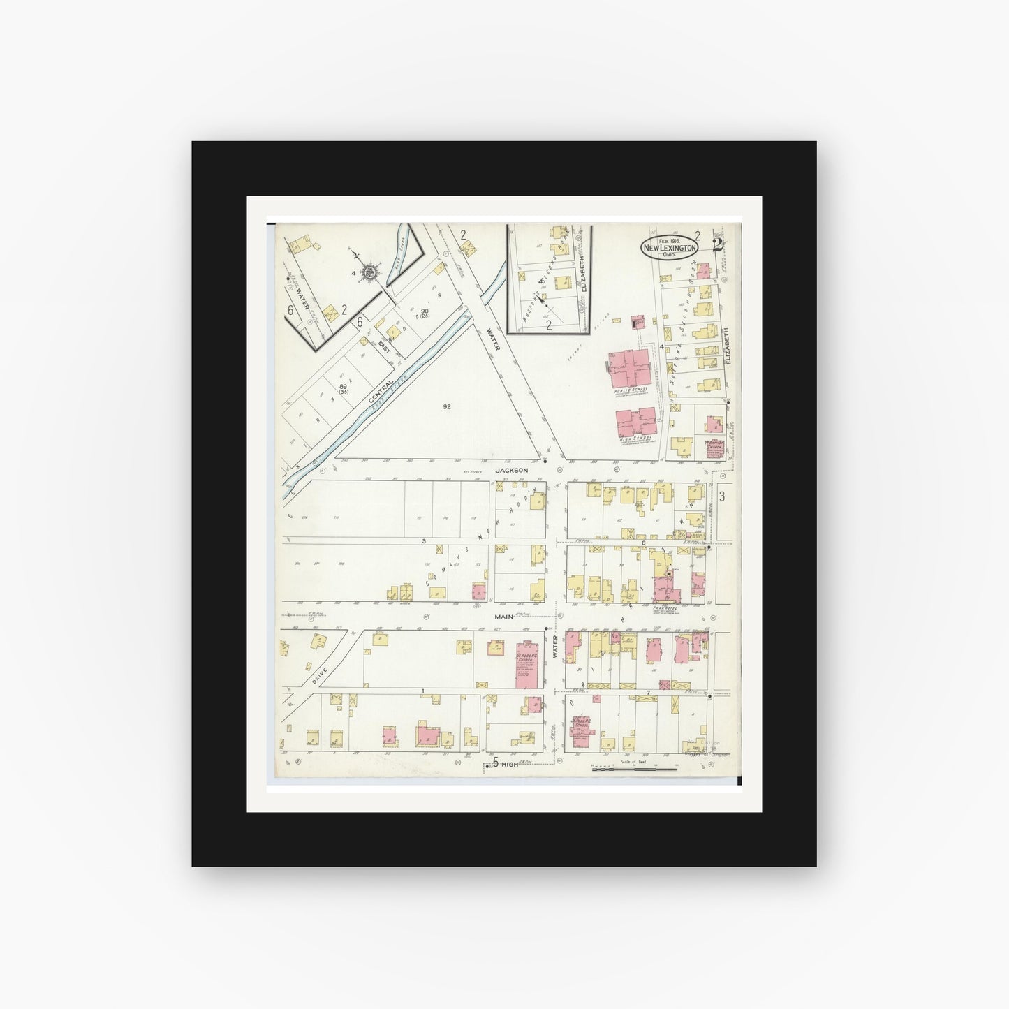 Old map wall art mockup — black gallery frame with white mat — Sanborn Fire Insurance Map from New Lexington, Perry County, Ohio (1916), Sheet #0002