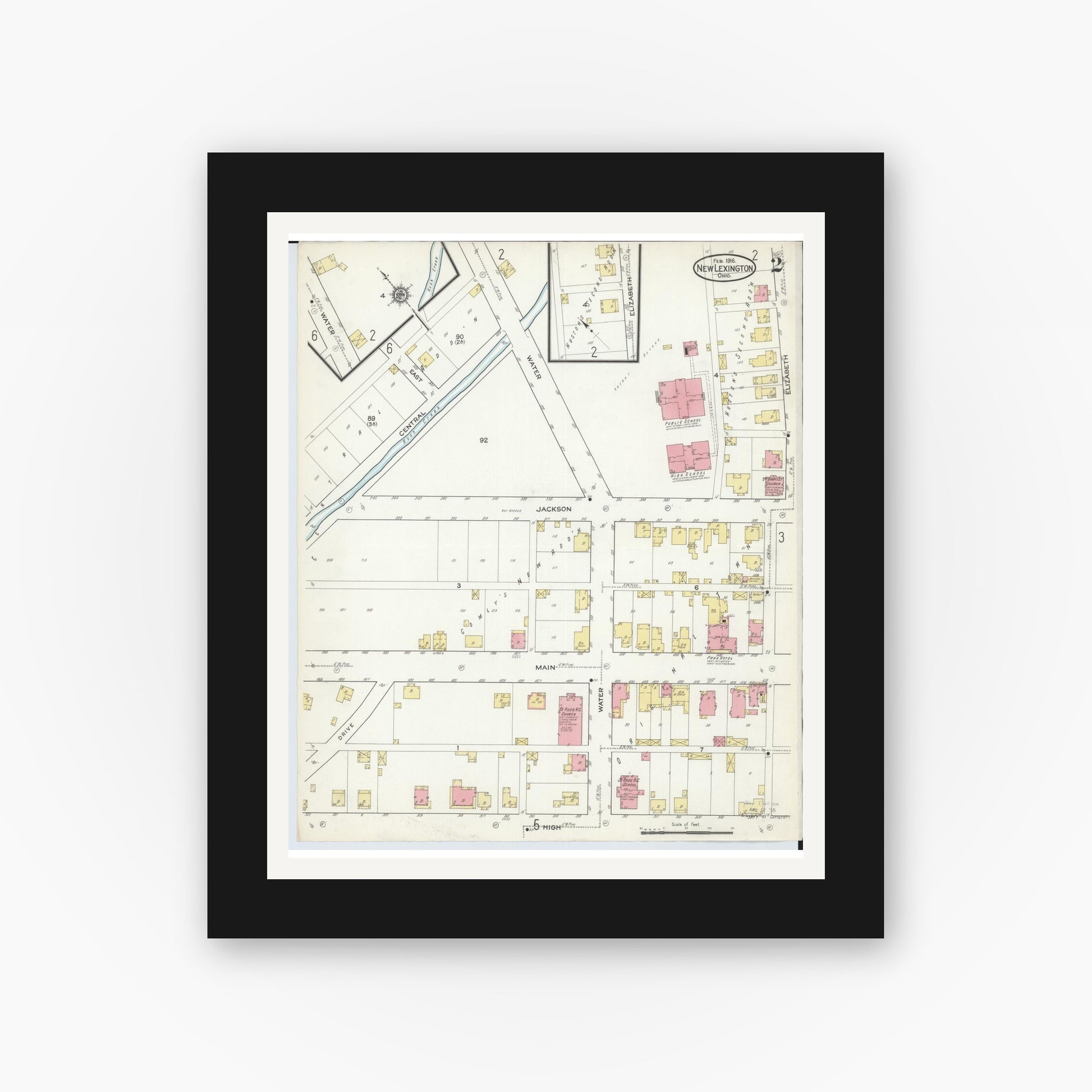 Old map wall art mockup — black gallery frame with white mat — Sanborn Fire Insurance Map from New Lexington, Perry County, Ohio (1916), Sheet #0002