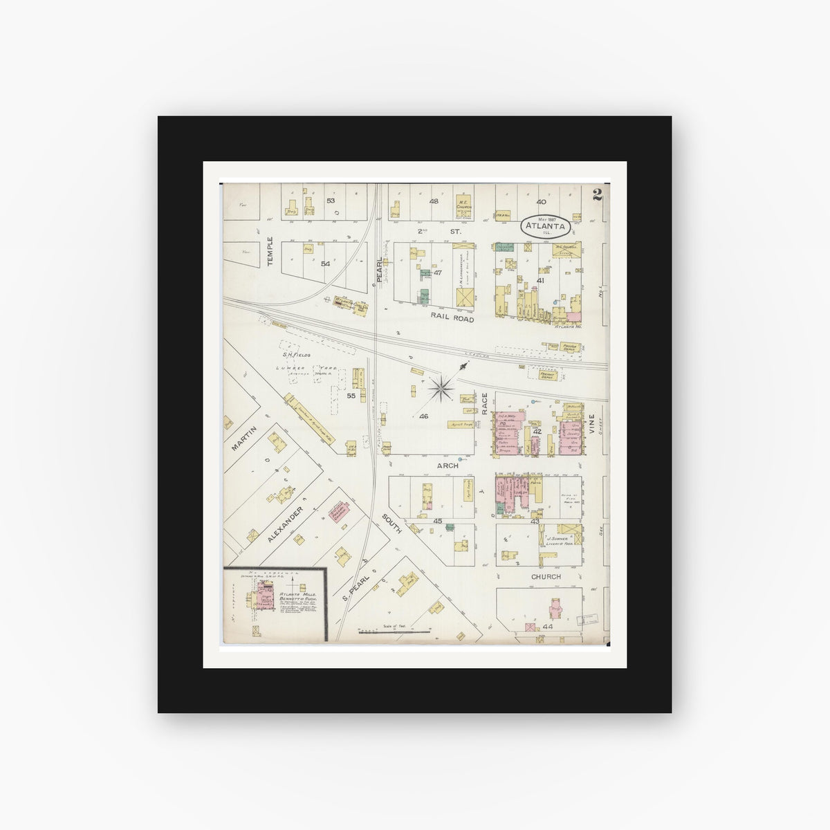 Old map wall art mockup — black gallery frame with white mat — Sanborn Fire Insurance Map from Atlanta, Logan County, Illinois (1887), Sheet #0002
