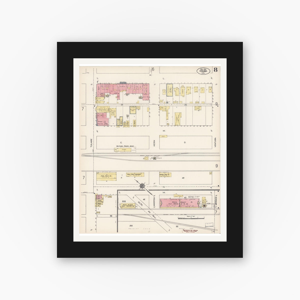 Old map wall art mockup — black gallery frame with white mat — Sanborn Fire Insurance Map from Dinuba, Tulare County, California (1912), Sheet #0008