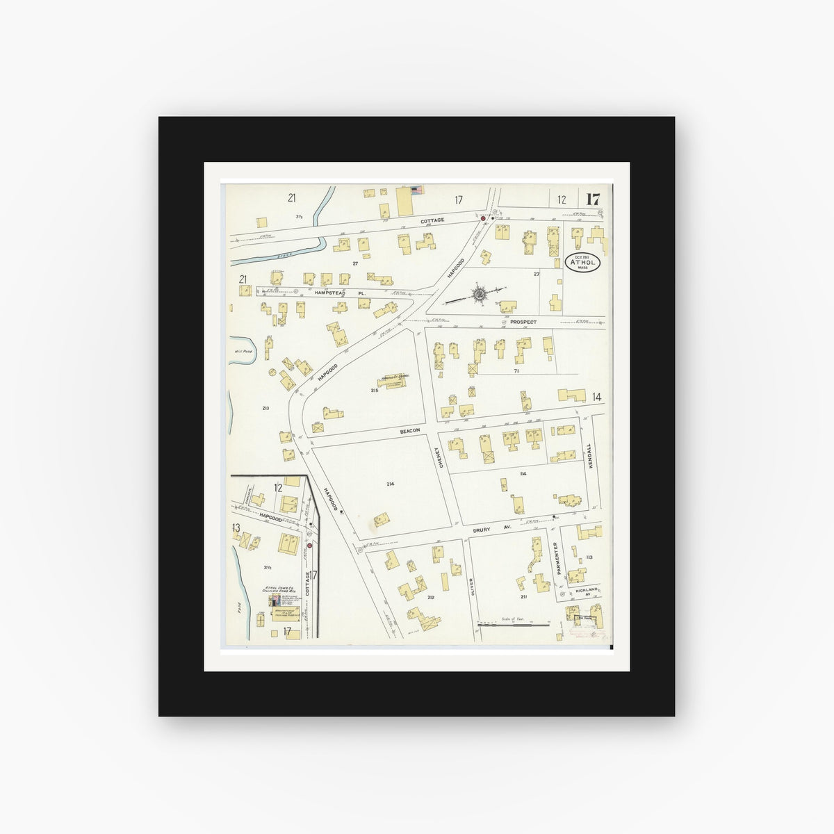 Old map wall art mockup — black gallery frame with white mat — Sanborn Fire Insurance Map from Athol, Worcester County, Massachusetts (1911), Sheet #0017