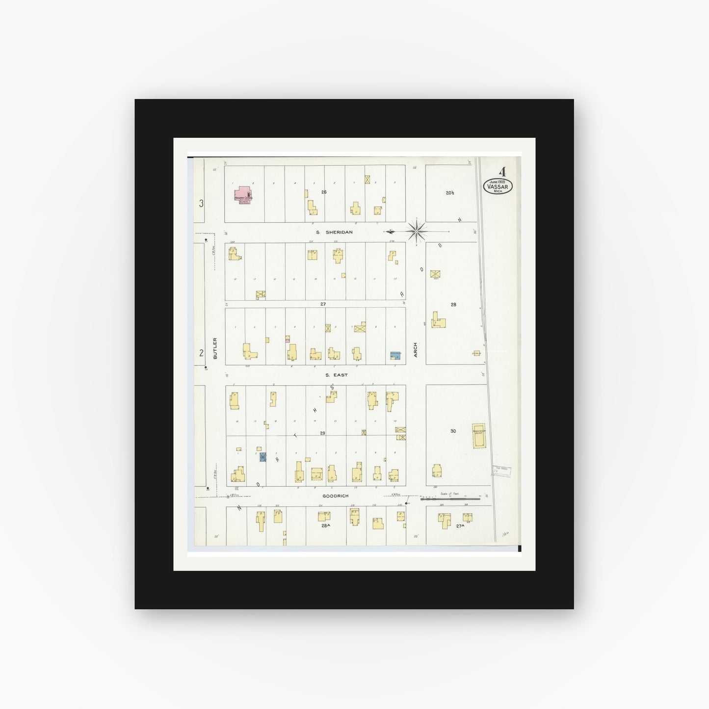 Old map wall art mockup — black gallery frame with white mat — Sanborn Fire Insurance Map from Vassar, Tuscola County, Michigan (1909), Sheet #0004