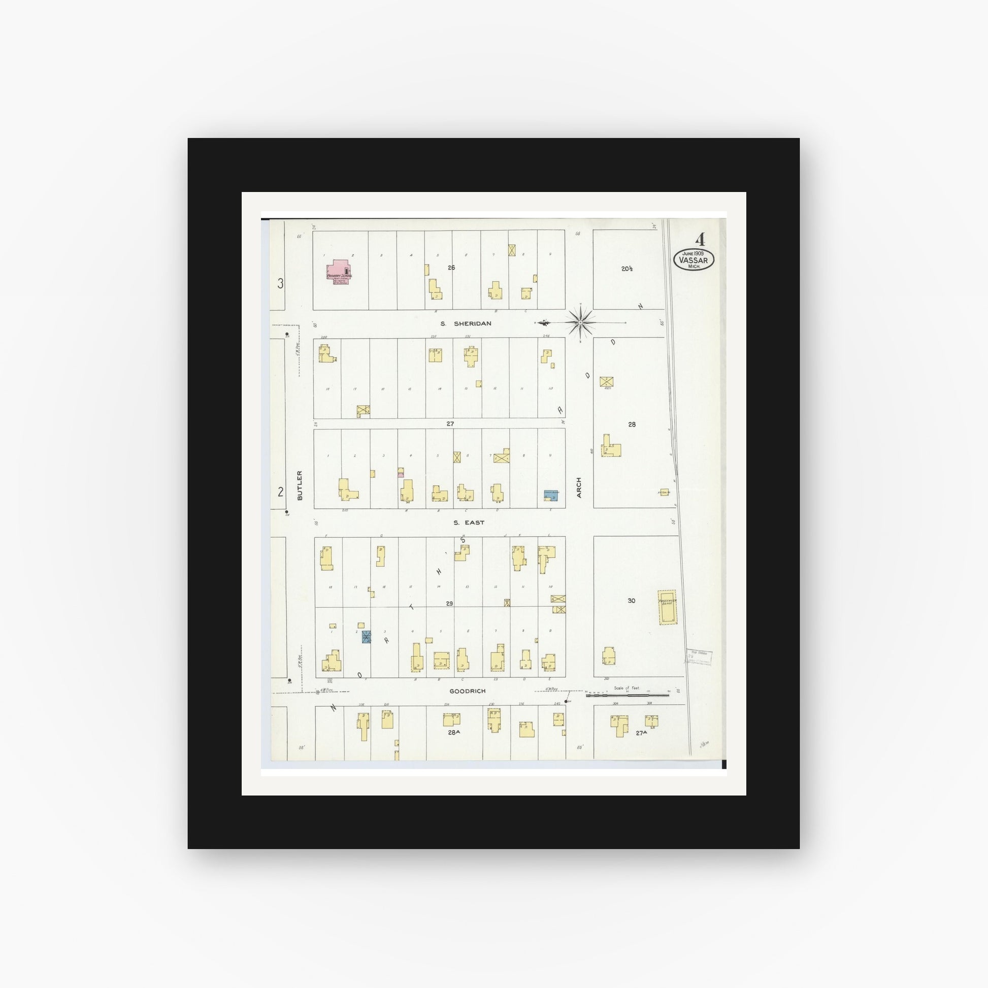 Old map wall art mockup — black gallery frame with white mat — Sanborn Fire Insurance Map from Vassar, Tuscola County, Michigan (1909), Sheet #0004