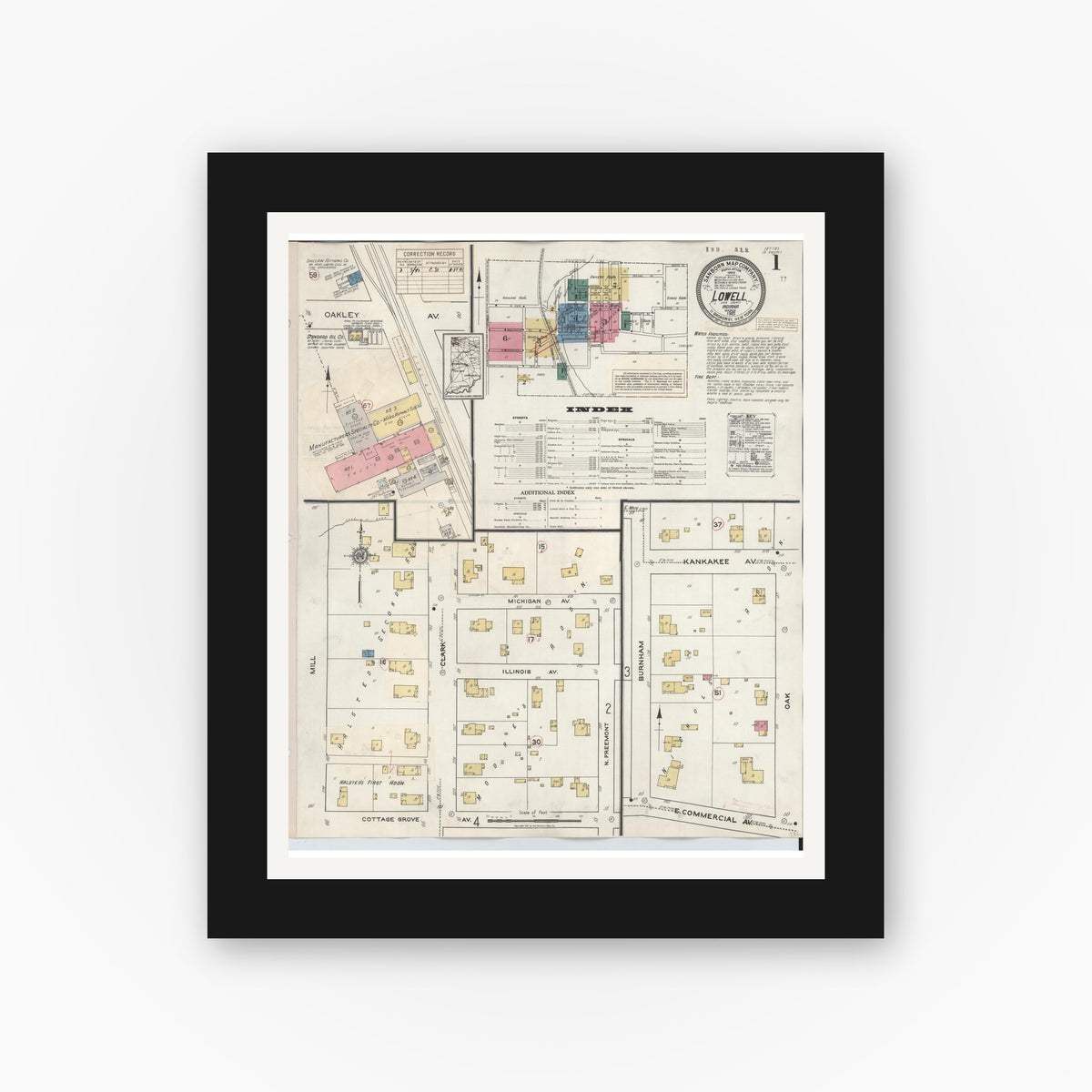 Old map wall art mockup — black gallery frame with white mat — Sanborn Fire Insurance Map from Lowell, Lake County, Indiana (1942) - Complete Map Set