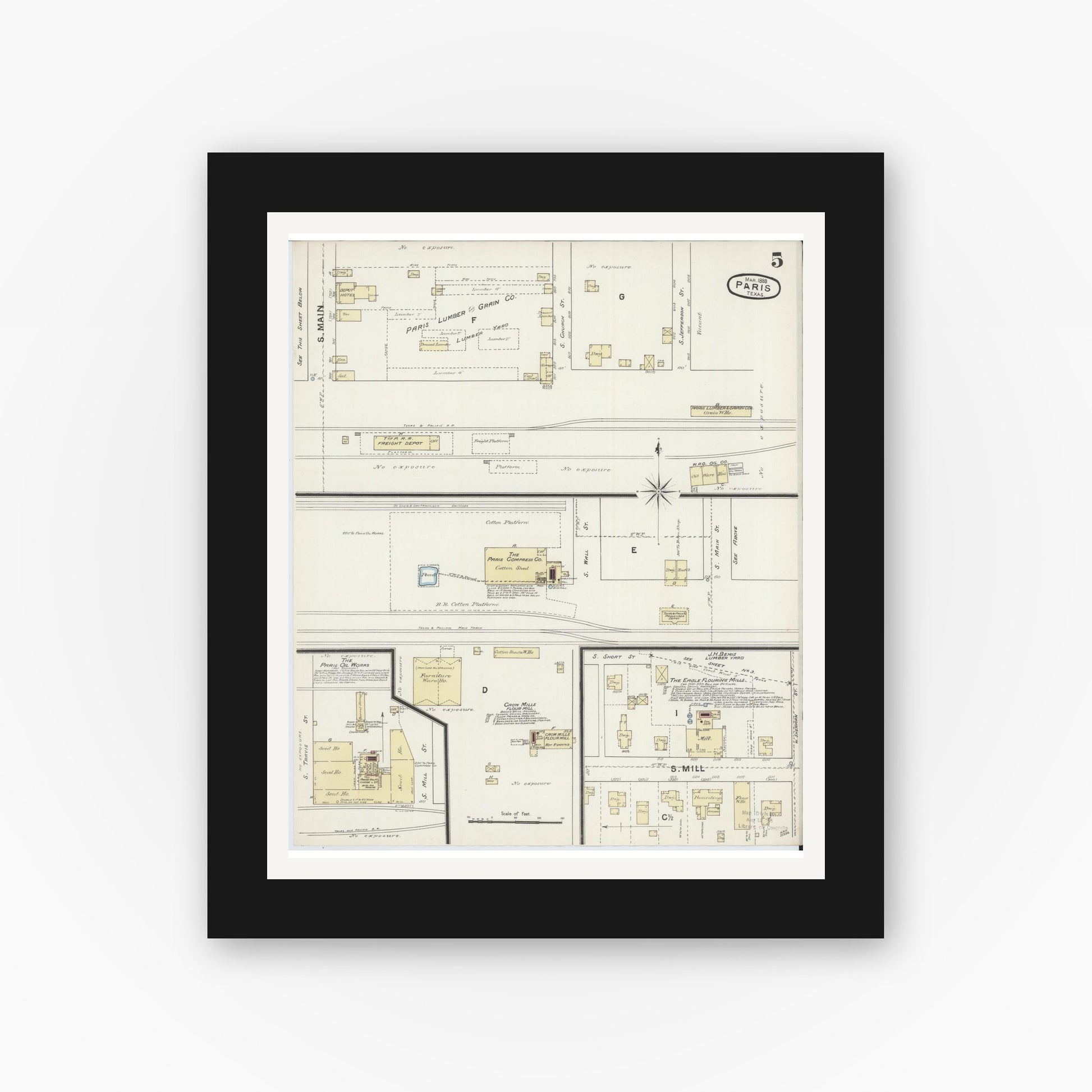 Old map wall art mockup — black gallery frame with white mat — Sanborn Fire Insurance Map from Paris, Lamar County, Texas (1888), Sheet #0005