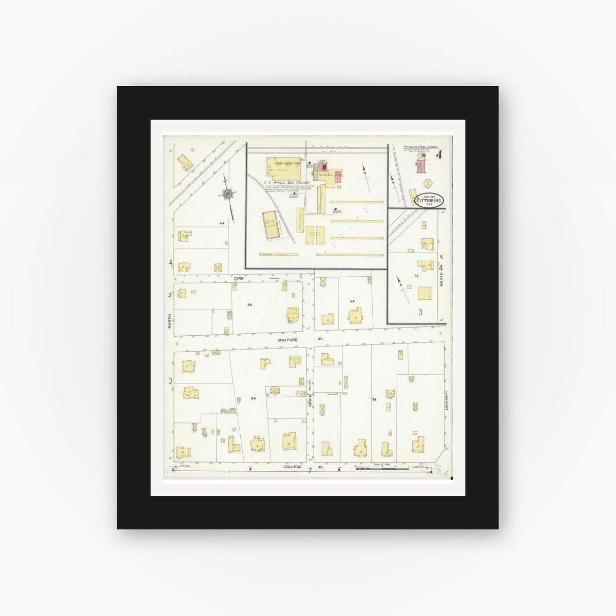 Old map wall art mockup — black gallery frame with white mat — Sanborn Fire Insurance Map from Pittsburg, Camp County, Texas (1911), Sheet #0004