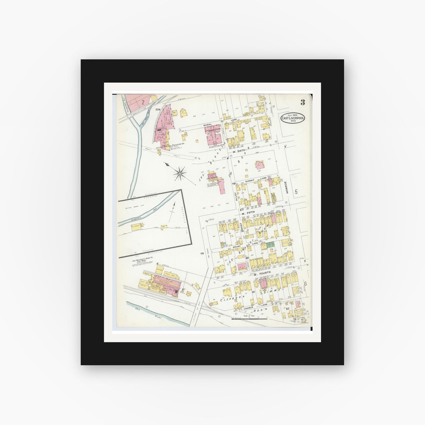 Old map wall art mockup — black gallery frame with white mat — Sanborn Fire Insurance Map from East Liverpool, Columbiana County, Ohio (1908), Sheet #0003