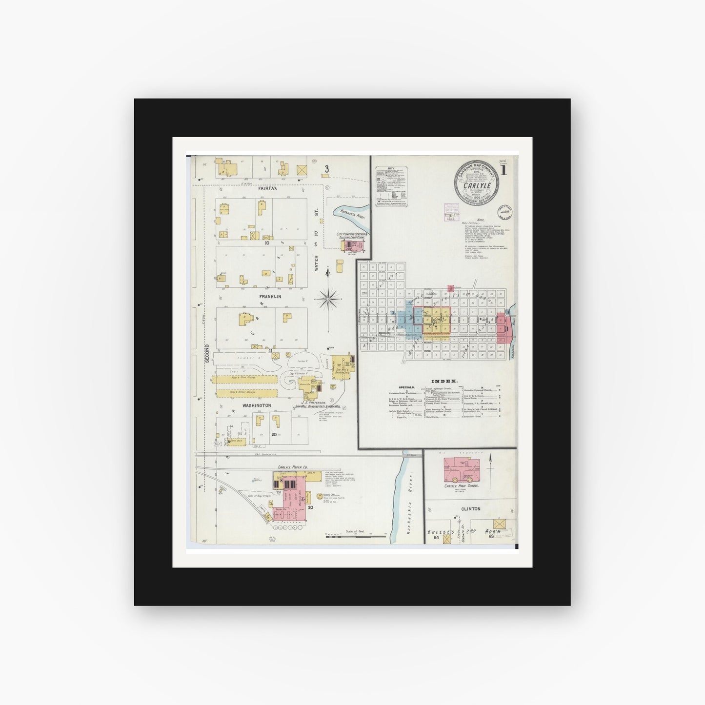 Old map wall art mockup — black gallery frame with white mat — Sanborn Fire Insurance Map from Carlyle, Clinton County, Illinois (1902), Sheet #0001