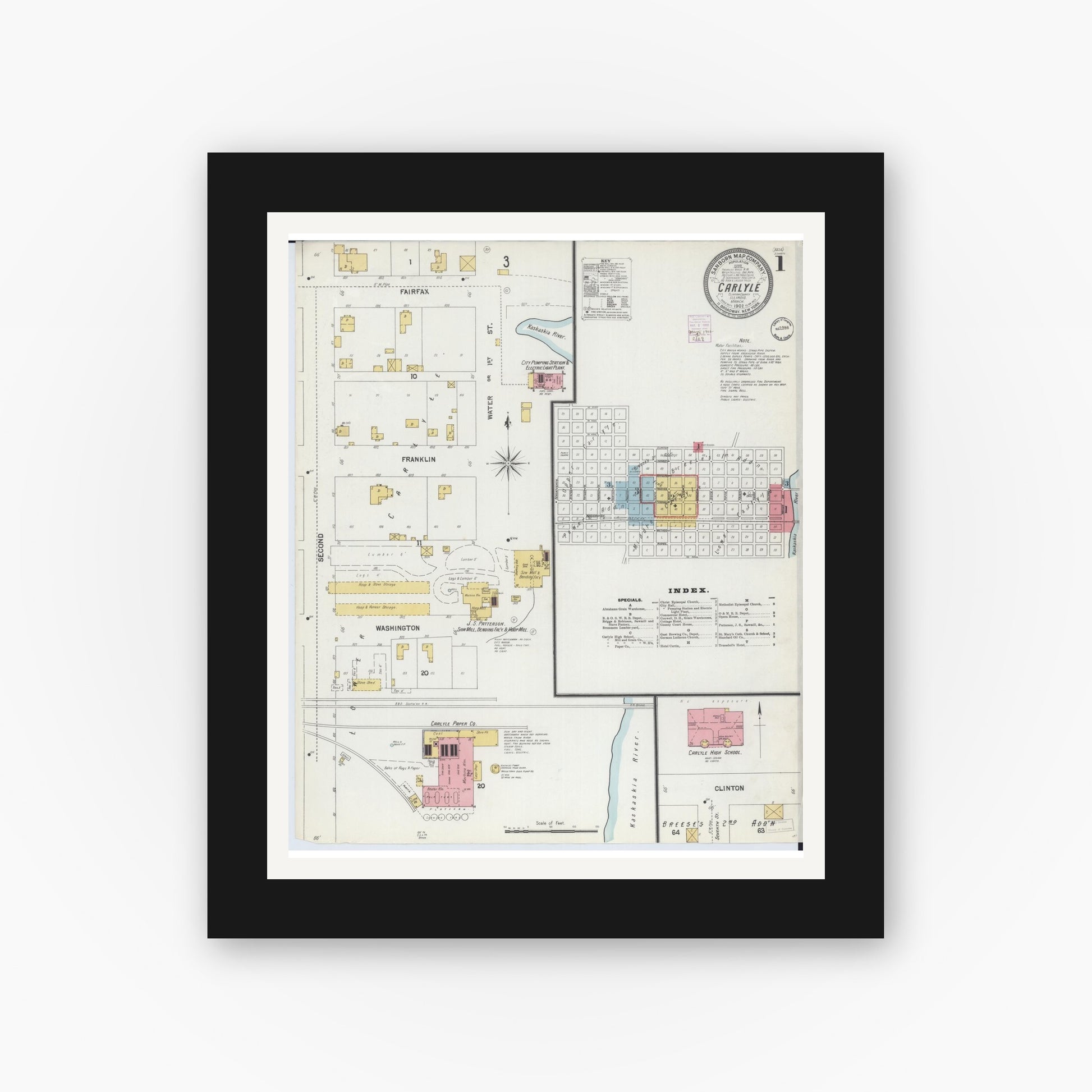 Old map wall art mockup — black gallery frame with white mat — Sanborn Fire Insurance Map from Carlyle, Clinton County, Illinois (1902), Sheet #0001