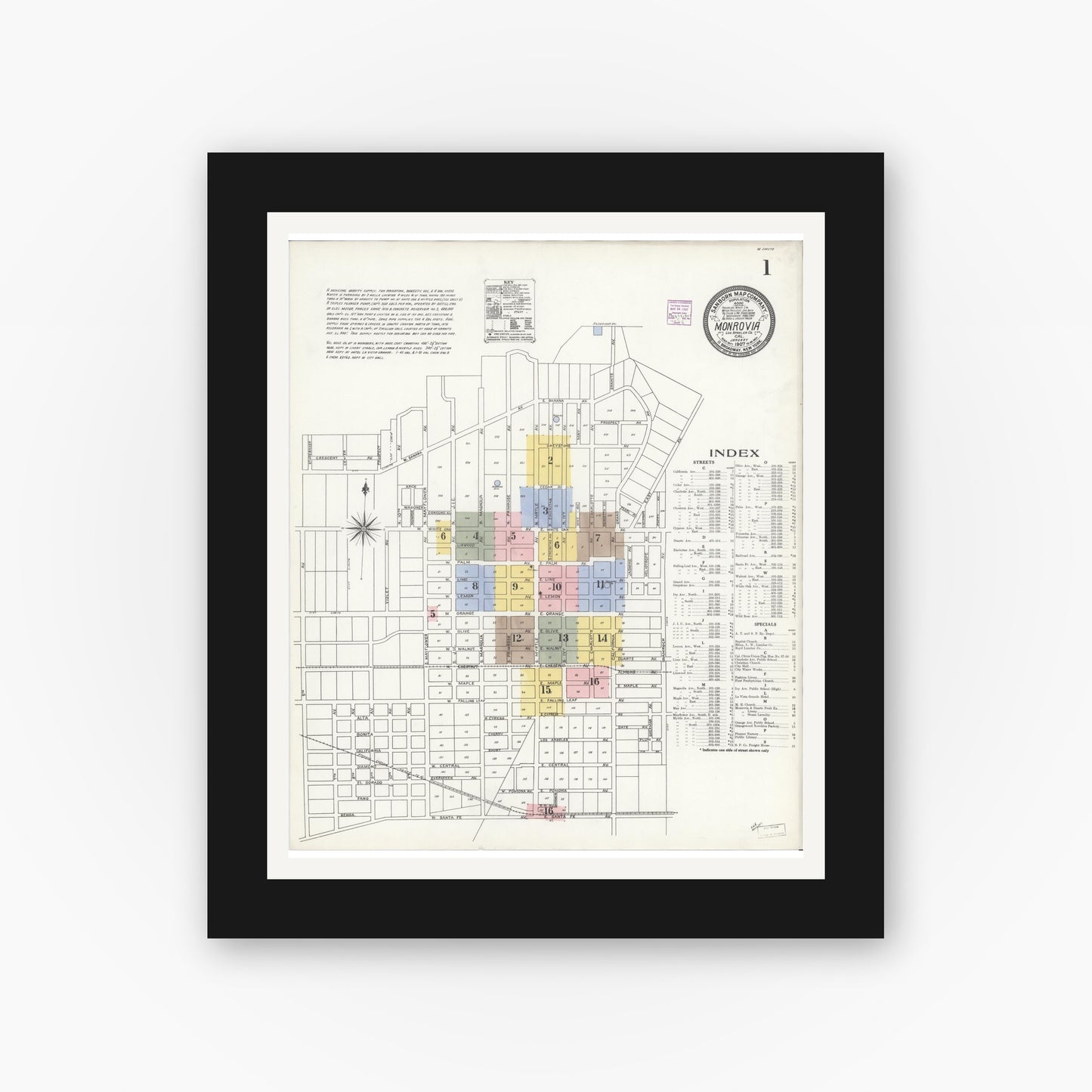 Old map wall art mockup — black gallery frame with white mat — Sanborn Fire Insurance Map from Monrovia, Los Angeles County, California (1907), Sheet #0001