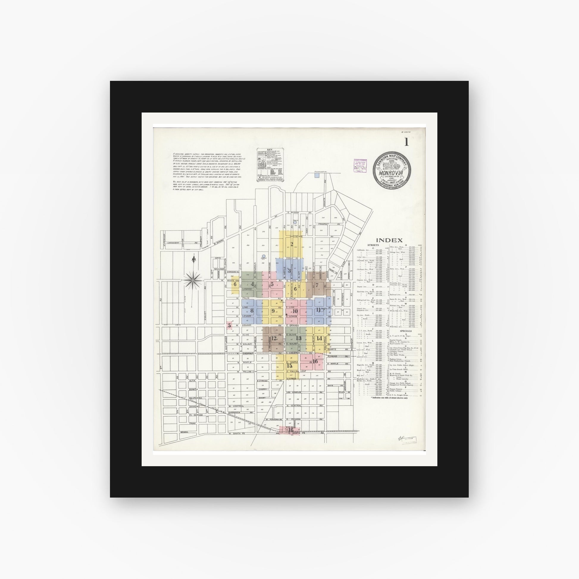 Old map wall art mockup — black gallery frame with white mat — Sanborn Fire Insurance Map from Monrovia, Los Angeles County, California (1907), Sheet #0001