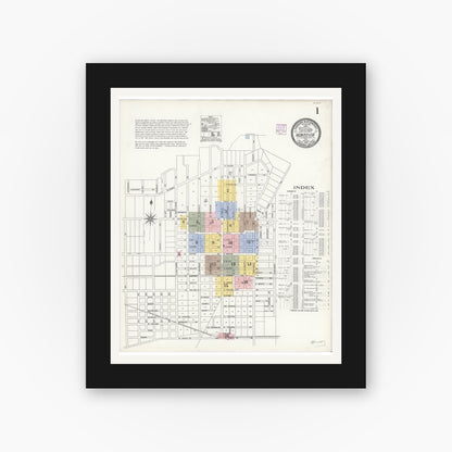 Old map wall art mockup — black gallery frame with white mat — Sanborn Fire Insurance Map from Monrovia, Los Angeles County, California (1907), Sheet #0001