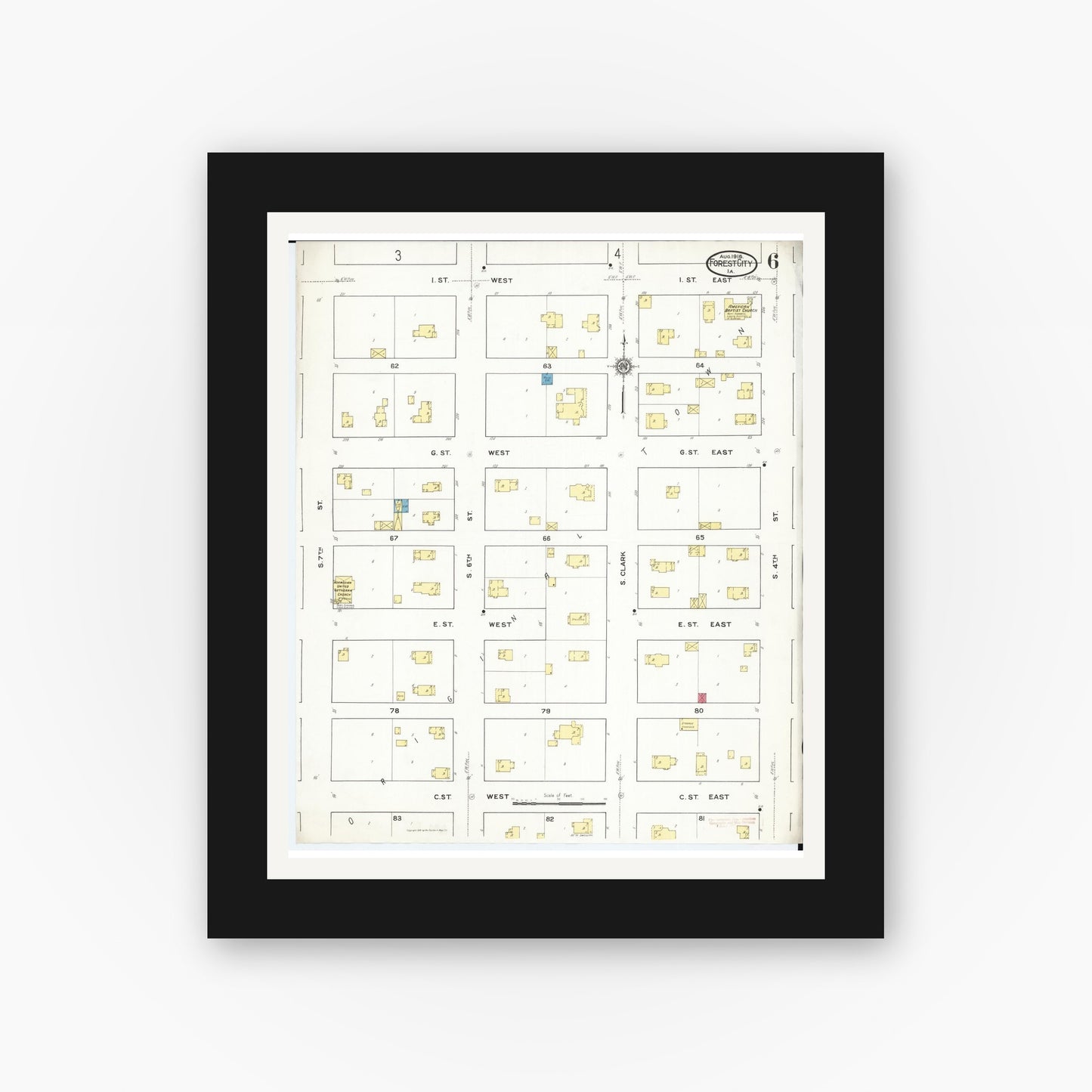 Old map wall art mockup — black gallery frame with white mat — Sanborn Fire Insurance Map from Forest City, Winnebago County, Iowa (1916), Sheet #0006