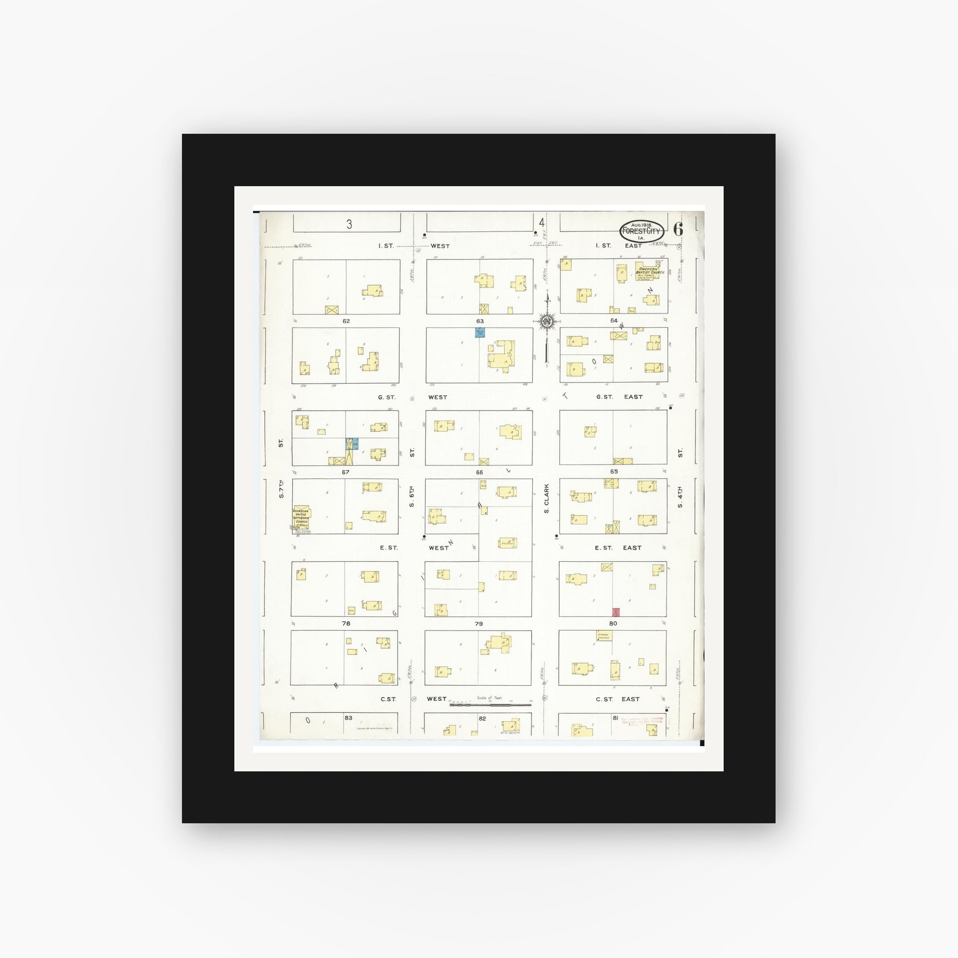 Old map wall art mockup — black gallery frame with white mat — Sanborn Fire Insurance Map from Forest City, Winnebago County, Iowa (1916), Sheet #0006