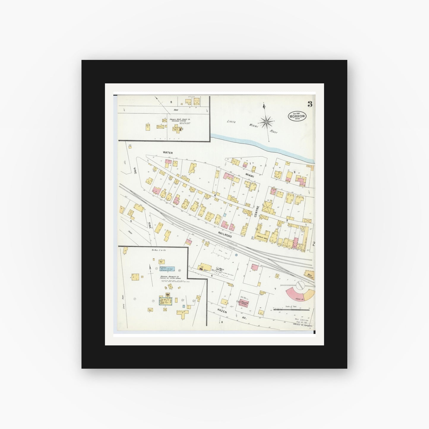 Old map wall art mockup — black gallery frame with white mat — Sanborn Fire Insurance Map from Morrow, Warren County, Ohio (1901), Sheet #0003