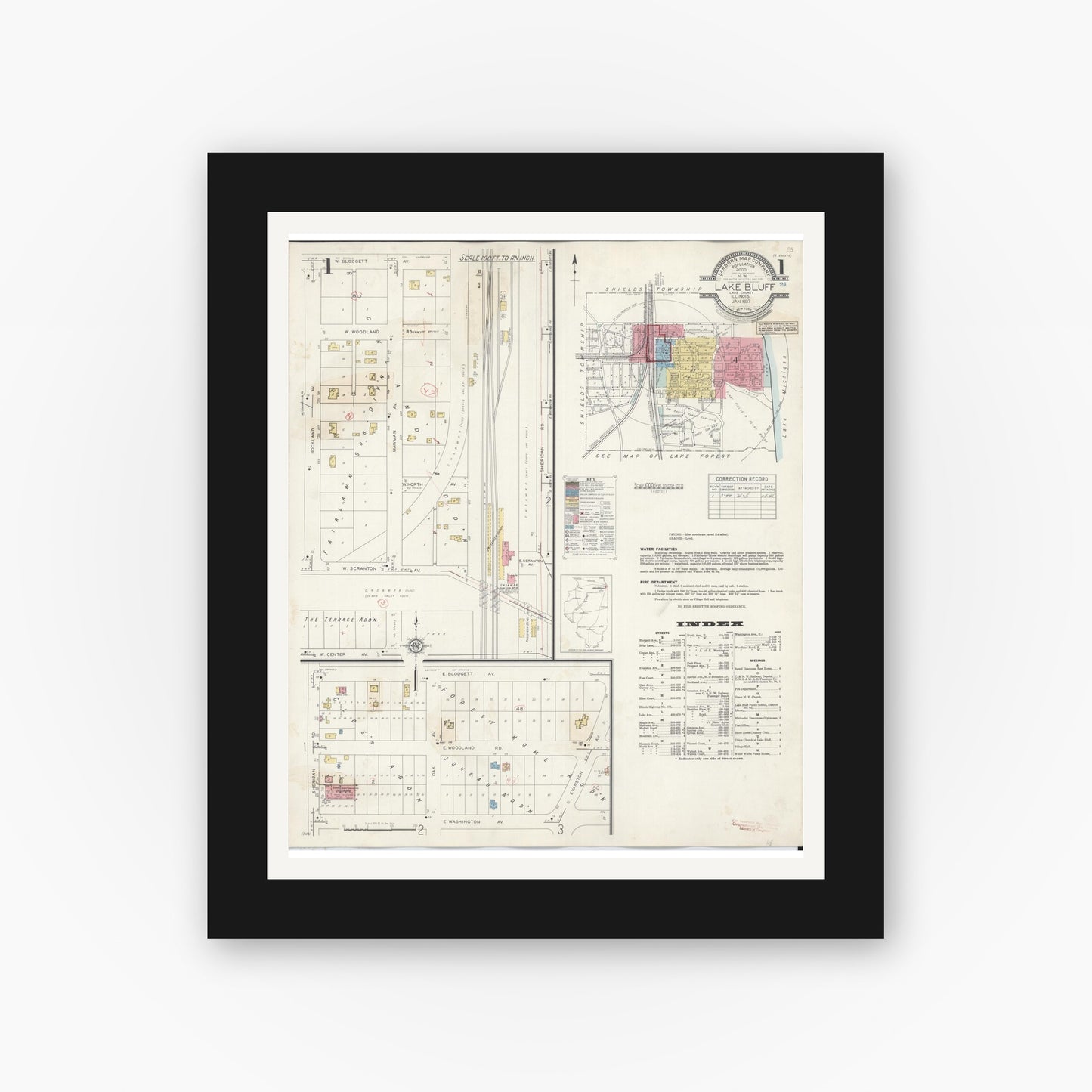 Old map wall art mockup — black gallery frame with white mat — Sanborn Fire Insurance Map from Lake Bluff, Lake County, Illinois (1944) - Complete Map Set