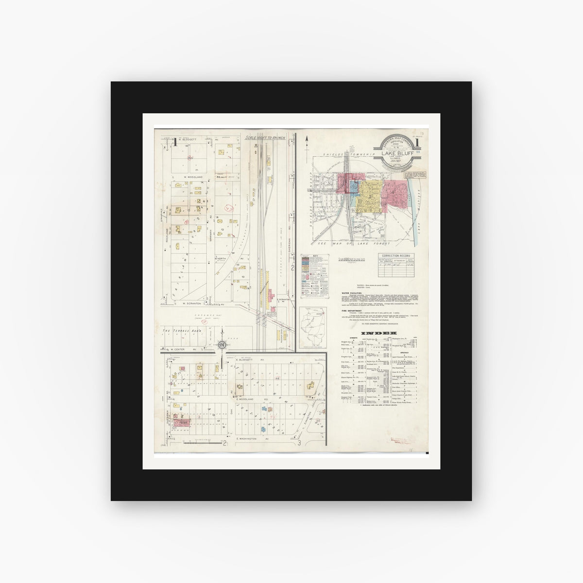 Old map wall art mockup — black gallery frame with white mat — Sanborn Fire Insurance Map from Lake Bluff, Lake County, Illinois (1944) - Complete Map Set