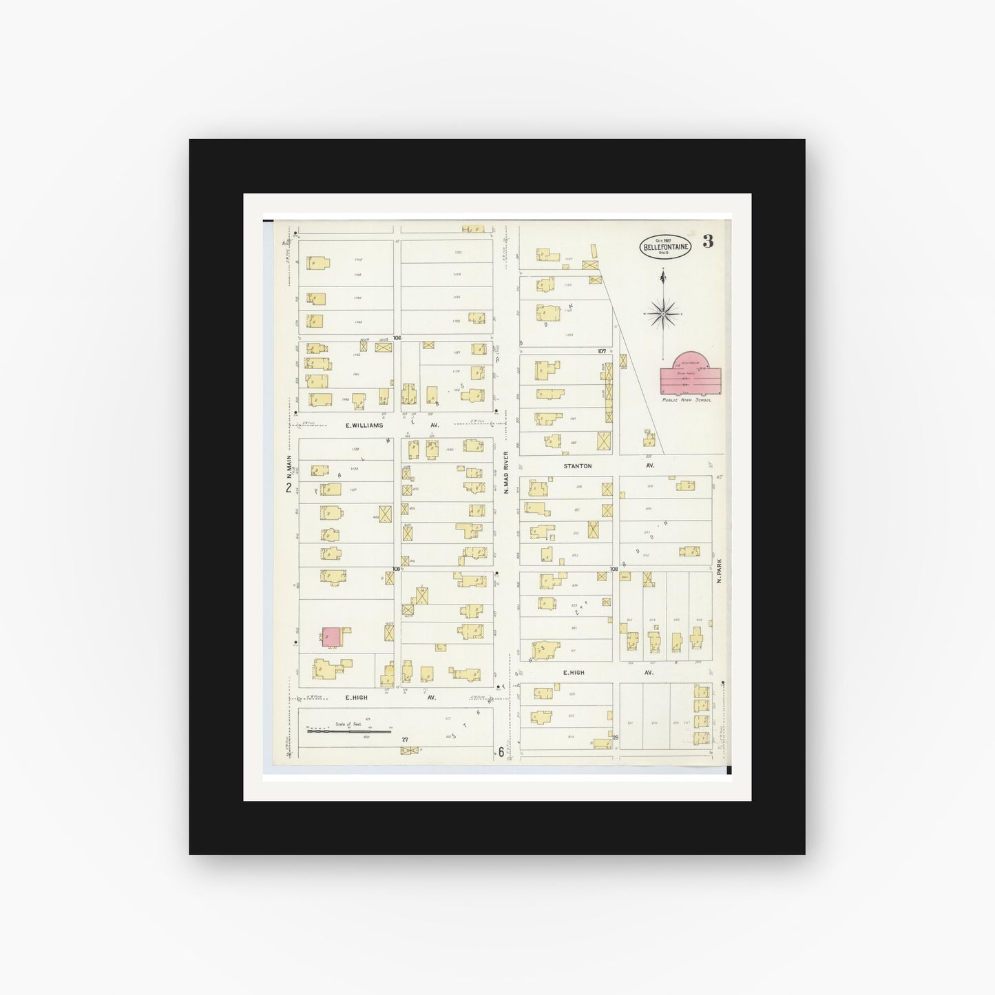 Old map wall art mockup — black gallery frame with white mat — Sanborn Fire Insurance Map from Bellefontaine, Logan County, Ohio (1907), Sheet #0003
