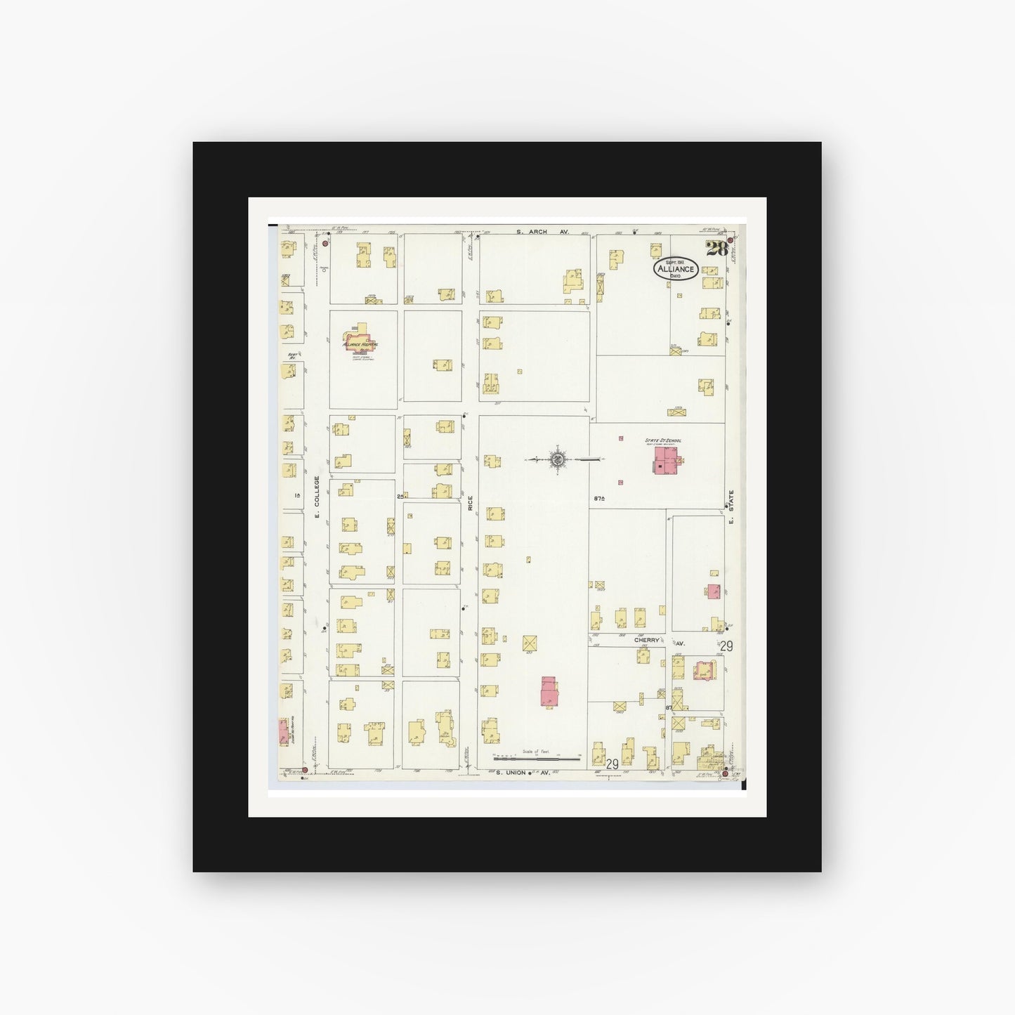 Old map wall art mockup — black gallery frame with white mat — Sanborn Fire Insurance Map from Alliance, Stark County, Ohio (1911), Sheet #0028