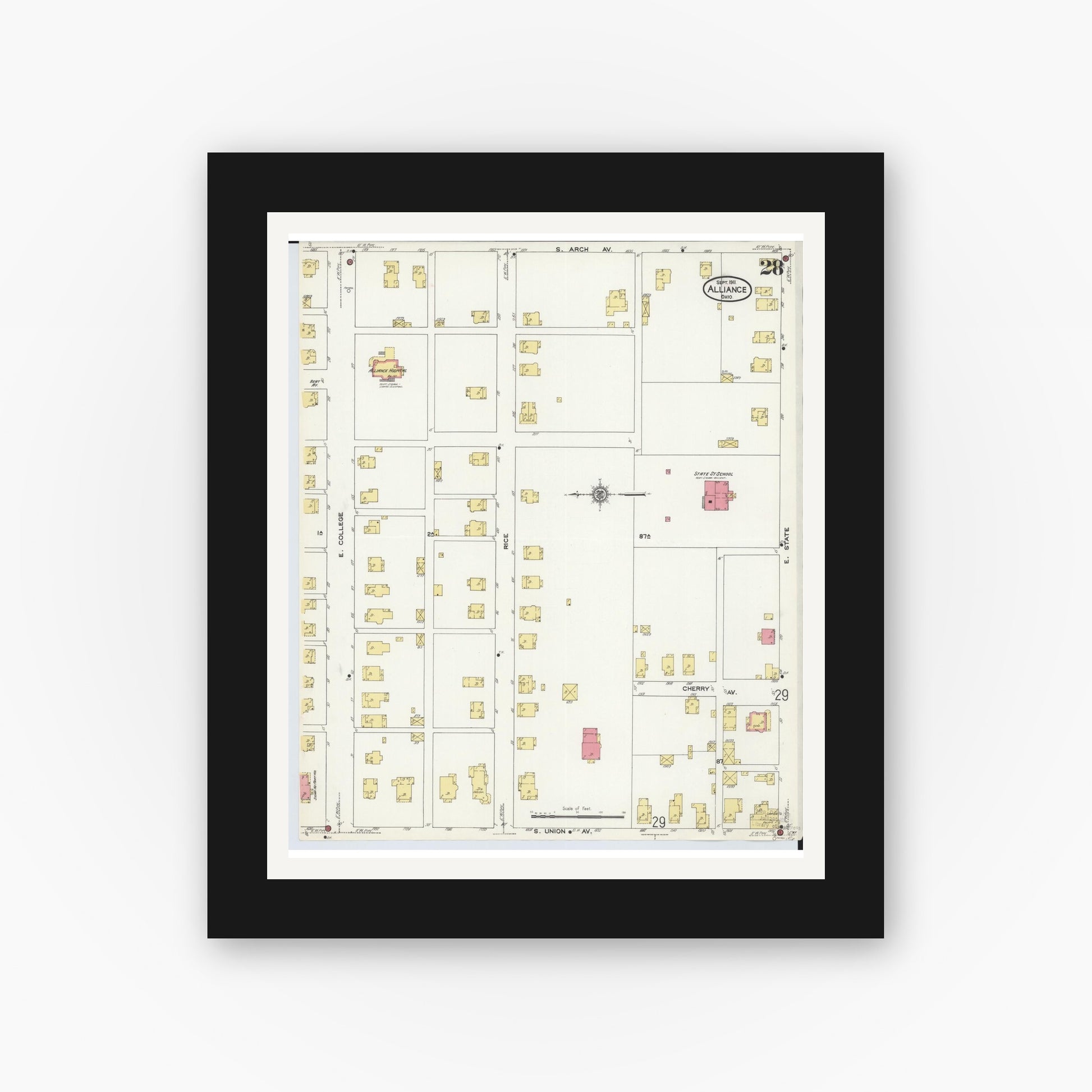 Old map wall art mockup — black gallery frame with white mat — Sanborn Fire Insurance Map from Alliance, Stark County, Ohio (1911), Sheet #0028