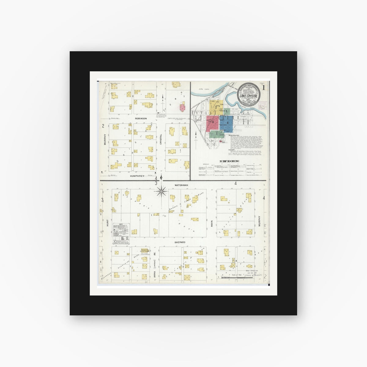 Old map wall art mockup — black gallery frame with white mat — Sanborn Fire Insurance Map from Lake Crystal, Blue Earth County, Minnesota (1908) - Complete Map Set