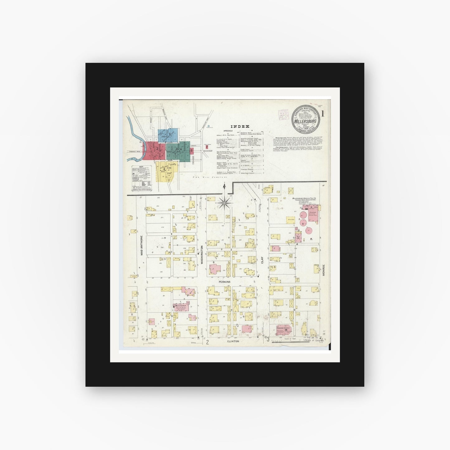 Old map wall art mockup — black gallery frame with white mat — Sanborn Fire Insurance Map from Millersburg, Holmes County, Ohio (1907) - Complete Map Set
