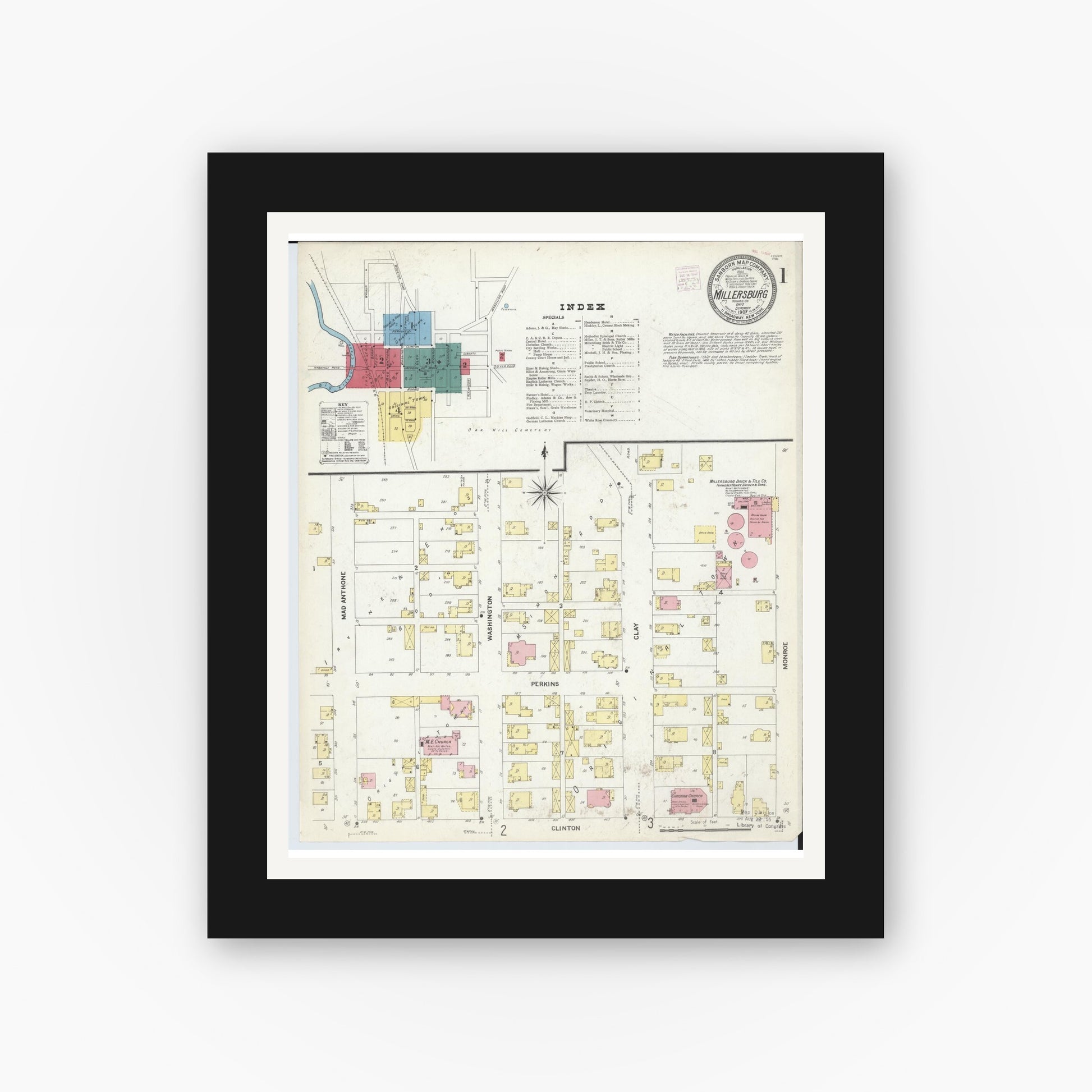 Old map wall art mockup — black gallery frame with white mat — Sanborn Fire Insurance Map from Millersburg, Holmes County, Ohio (1907) - Complete Map Set