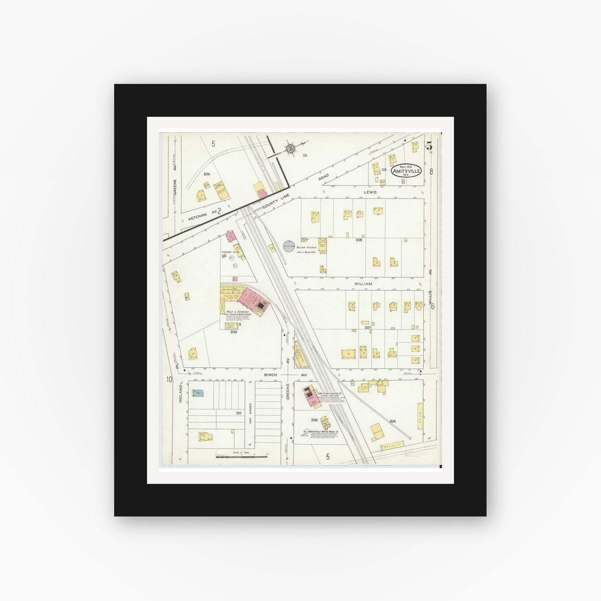 Old map wall art mockup — black gallery frame with white mat — Sanborn Fire Insurance Map from Amityville, Suffolk County, New York (1915), Sheet #0005