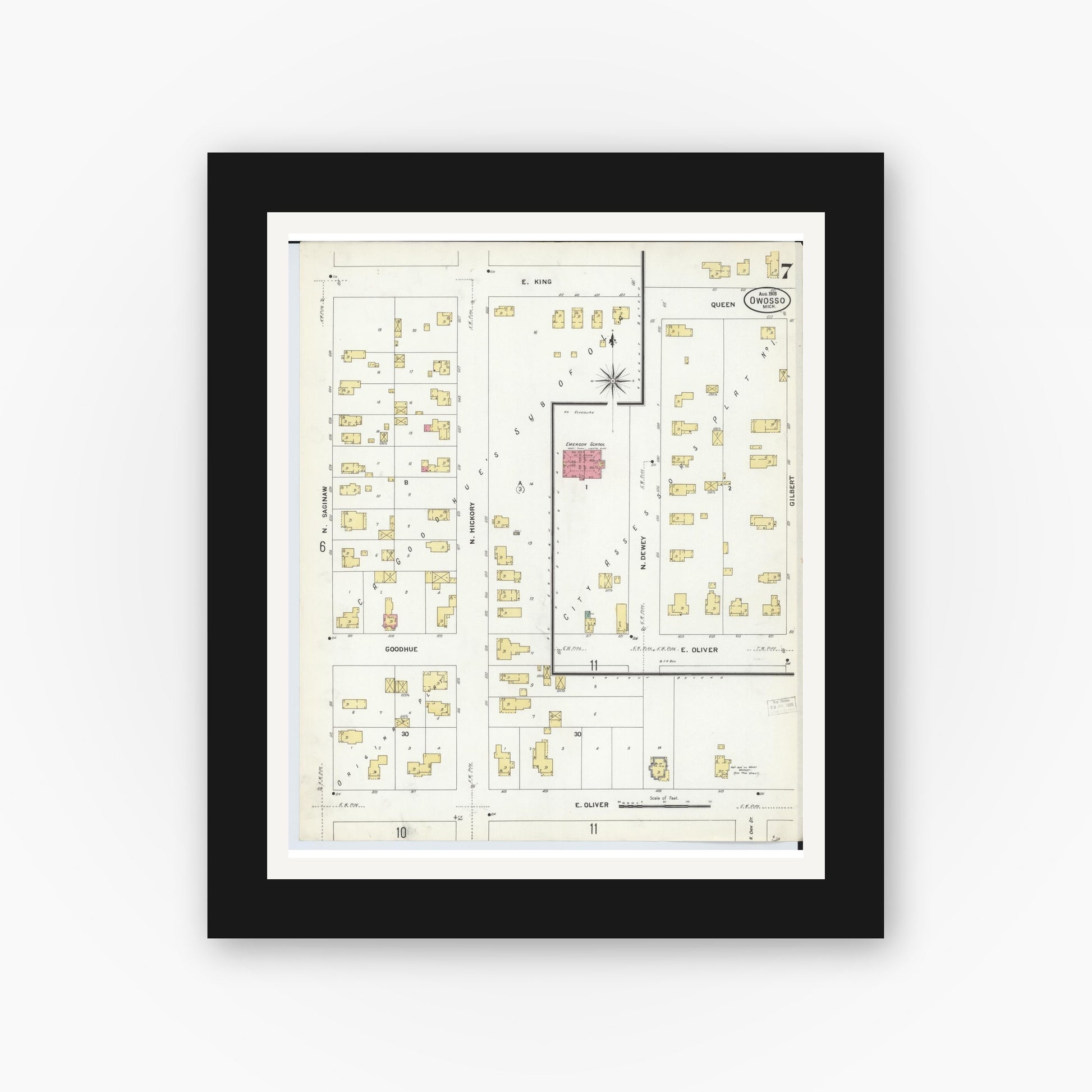 Old map wall art mockup — black gallery frame with white mat — Sanborn Fire Insurance Map from Owosso, Shiawassee County, Michigan (1908), Sheet #0007