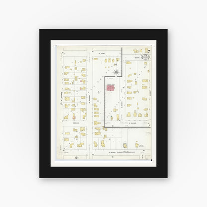 Old map wall art mockup — black gallery frame with white mat — Sanborn Fire Insurance Map from Owosso, Shiawassee County, Michigan (1908), Sheet #0007