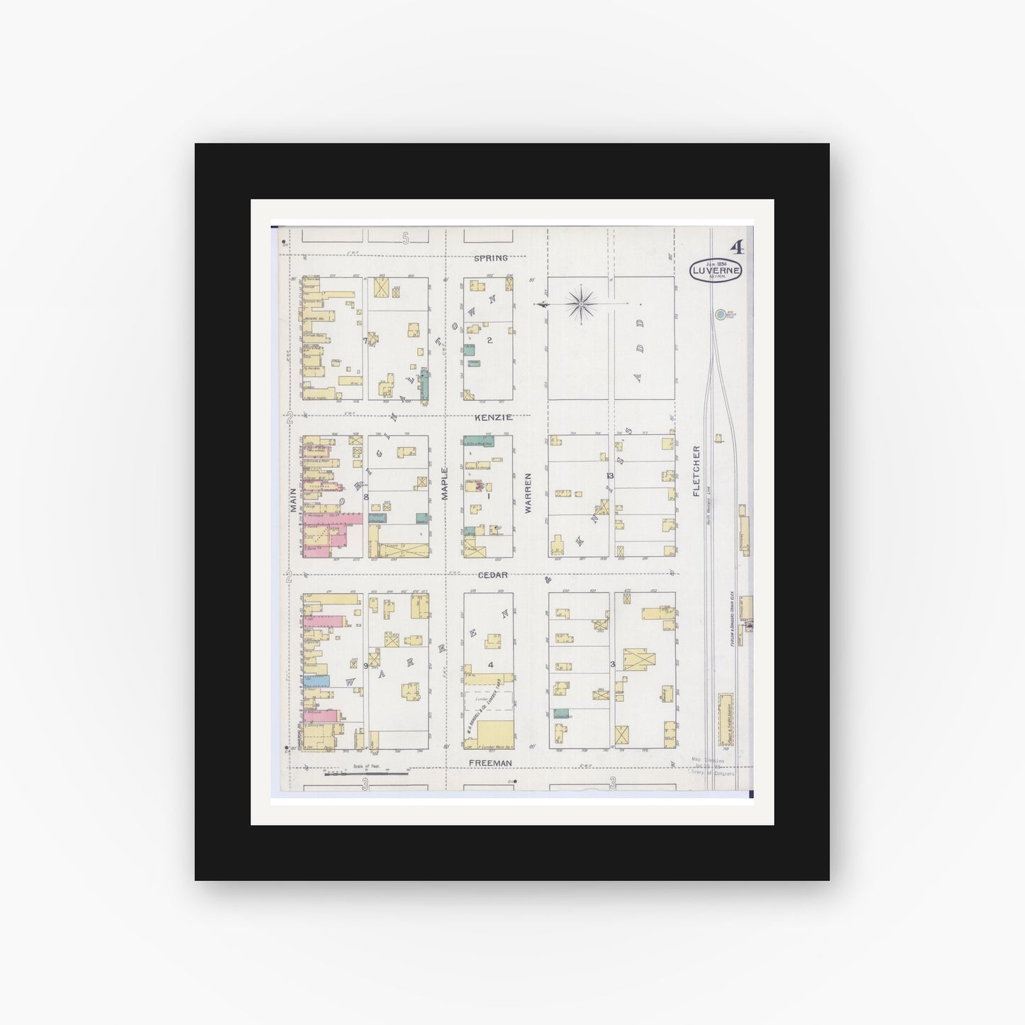 Old map wall art mockup — black gallery frame with white mat — Sanborn Fire Insurance Map from Luverne, Rock County, Minnesota (1894), Sheet #0004
