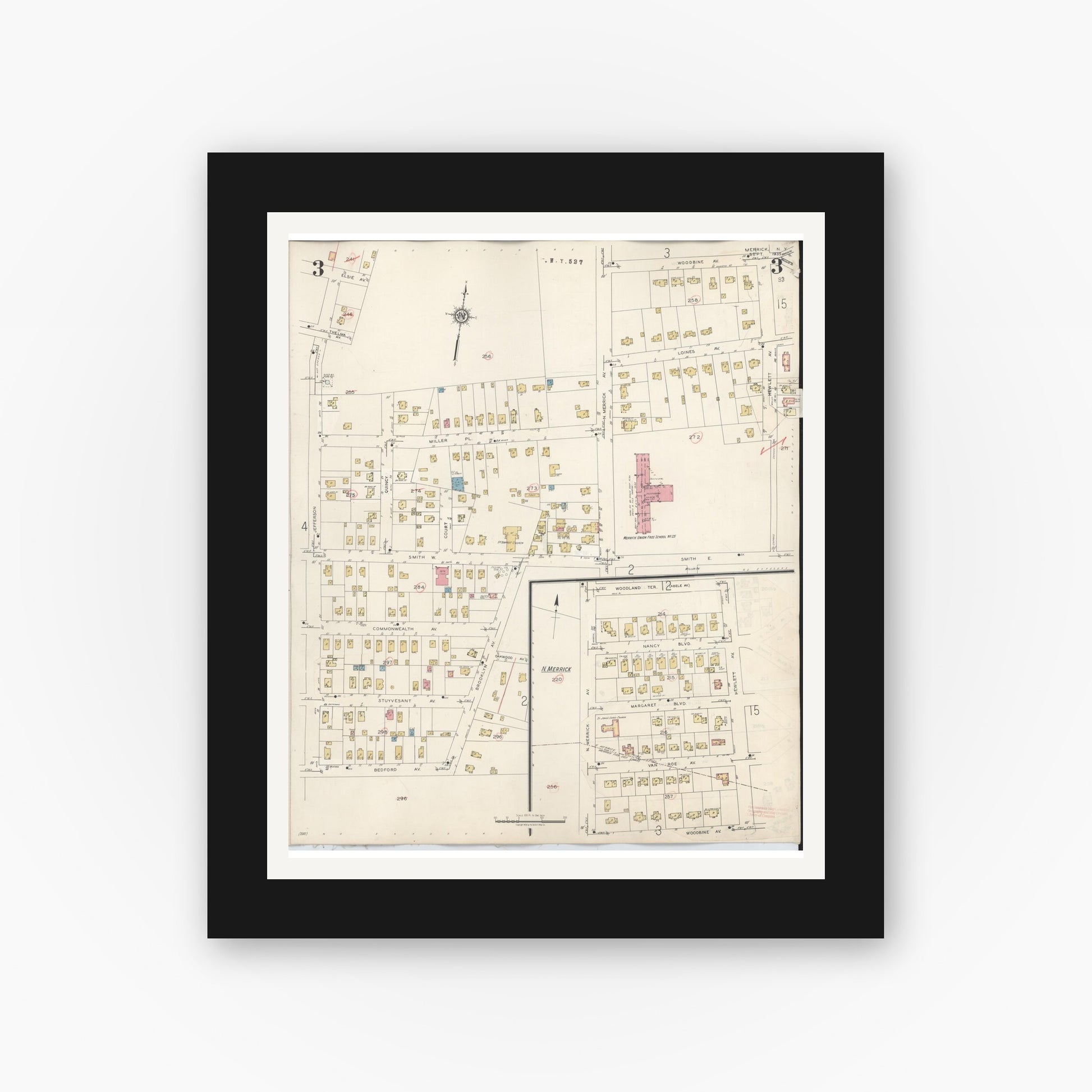 Old map wall art mockup — black gallery frame with white mat — Sanborn Fire Insurance Map from Merrick, Nassau County, New York (1947), Sheet #0003