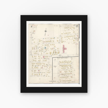 Old map wall art mockup — black gallery frame with white mat — Sanborn Fire Insurance Map from Merrick, Nassau County, New York (1947), Sheet #0003