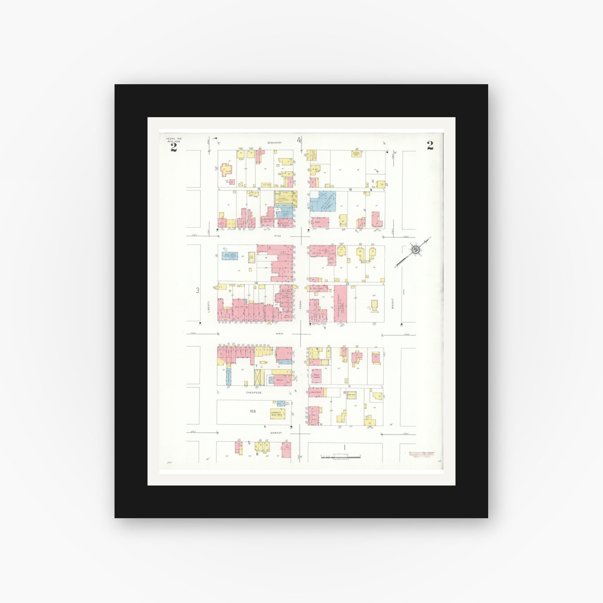 Old map wall art mockup — black gallery frame with white mat — Sanborn Fire Insurance Map from Vevay, Switzerland County, Indiana (1938), Sheet #0002