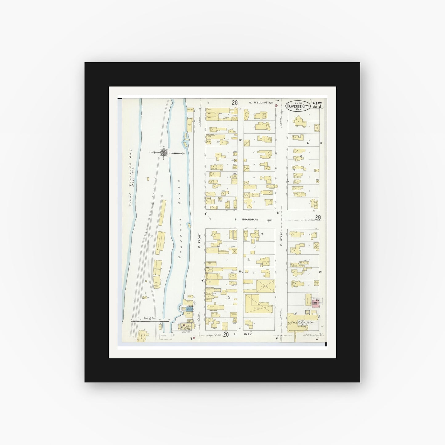 Old map wall art mockup — black gallery frame with white mat — Sanborn Fire Insurance Map from Traverse City, Grand Traverse County, Michigan (1910), Sheet #0027