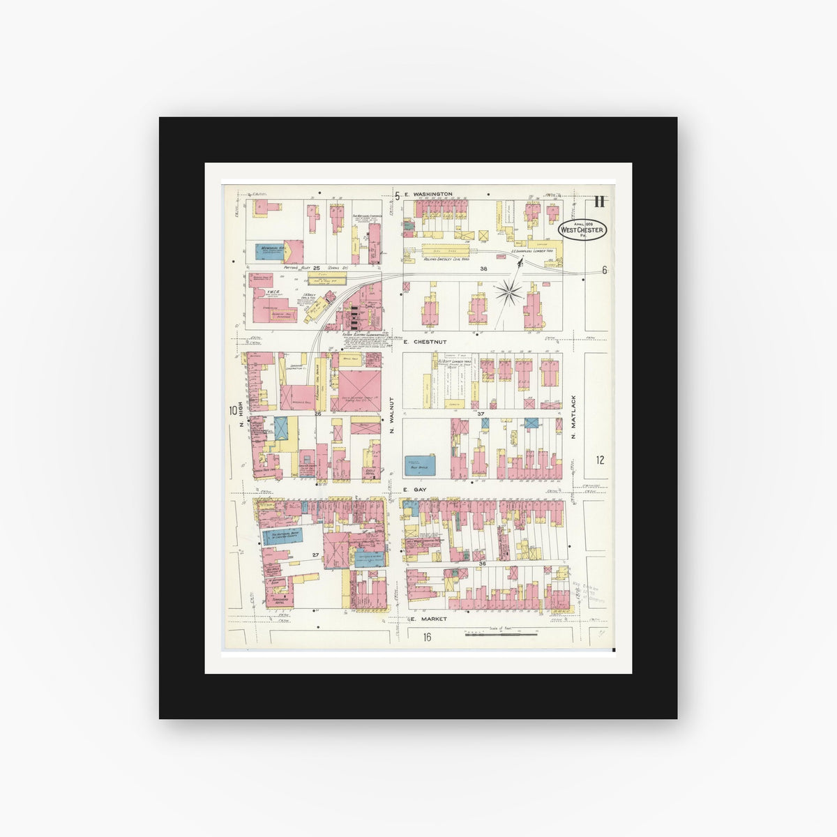 Old map wall art mockup — black gallery frame with white mat — Sanborn Fire Insurance Map from West Chester, Chester County, Pennsylvania (1909), Sheet #0011