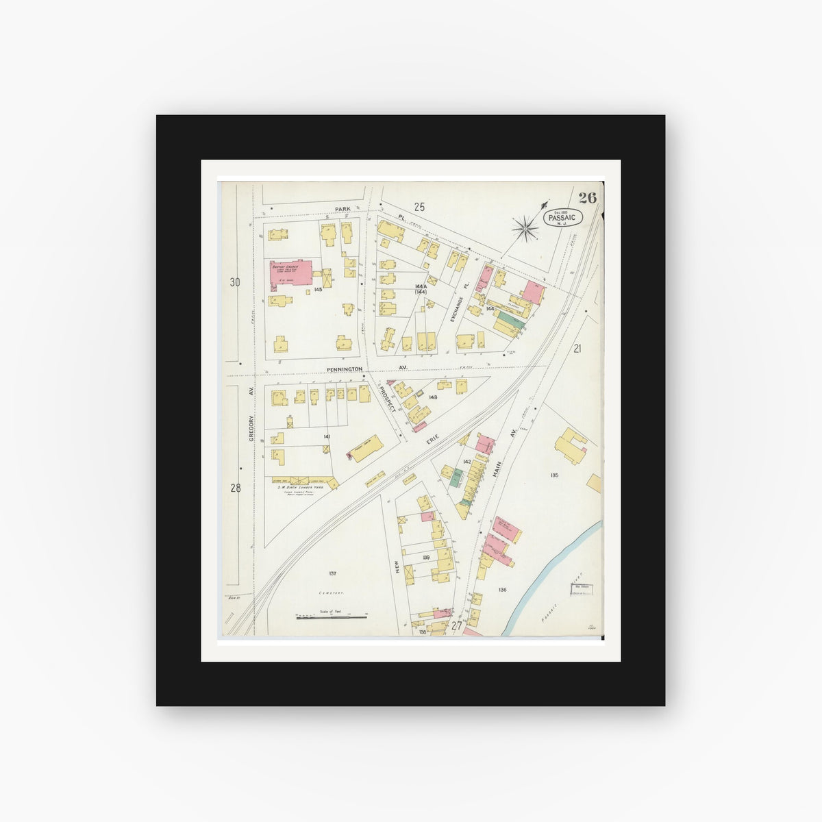 Old map wall art mockup — black gallery frame with white mat — Sanborn Fire Insurance Map from Passaic, Passaic County, New Jersey (1903), Sheet #0026